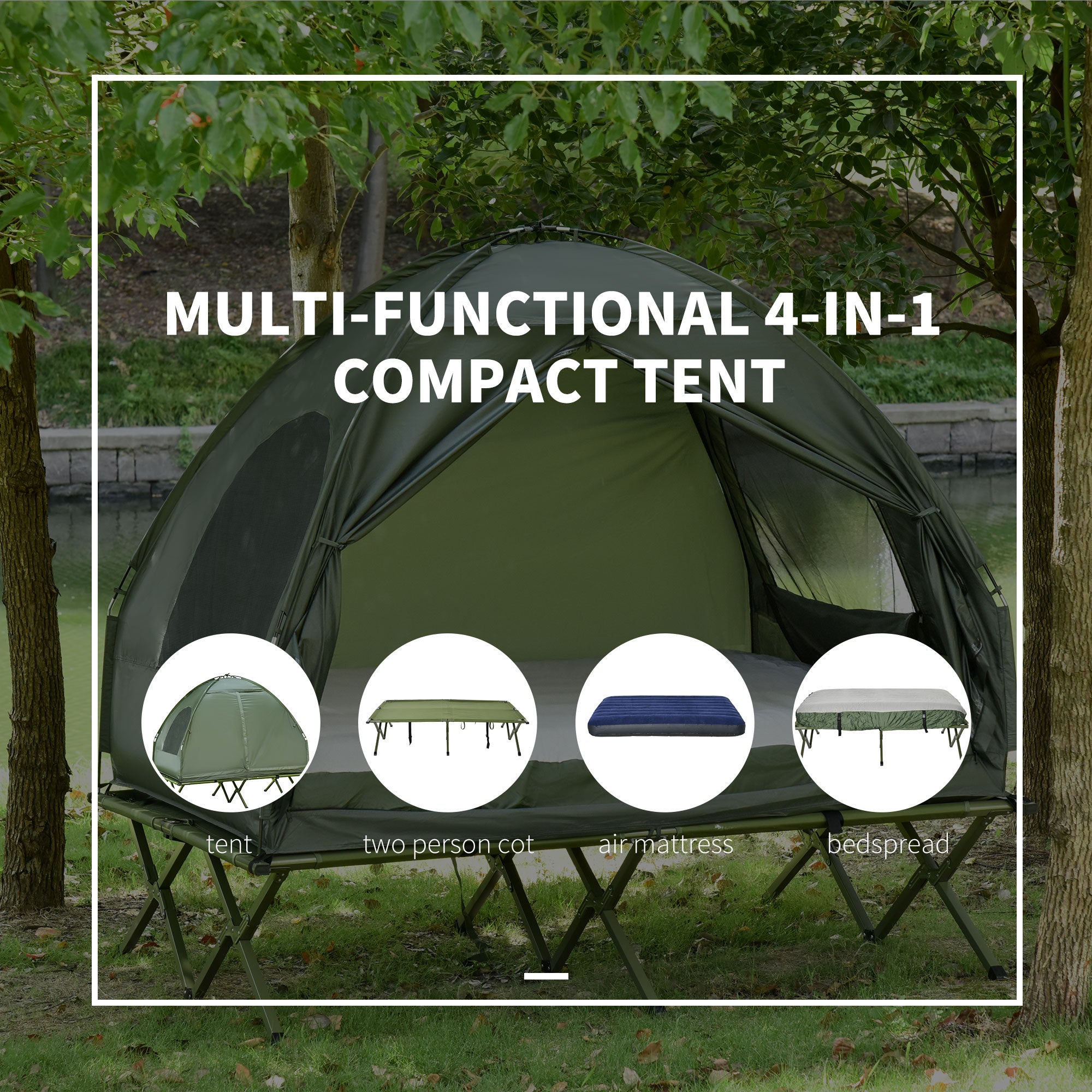 Outsunny All in 1 Camping Combo Portable Folding Camping Tent Cot Air Mattress w/ Carry Bag and Pump Hiking Shelter Sleeping Bed Dark Green
