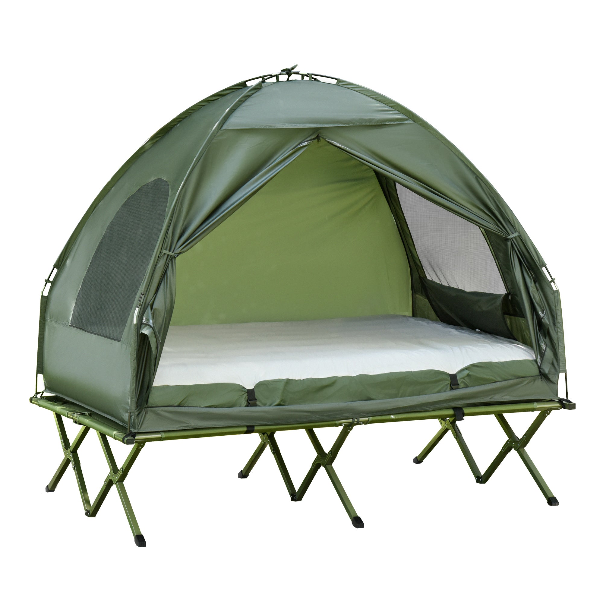 Outsunny All in 1 Camping Combo Portable Folding Camping Tent Cot Air Mattress w/ Carry Bag and Pump Hiking Shelter Sleeping Bed Dark Green