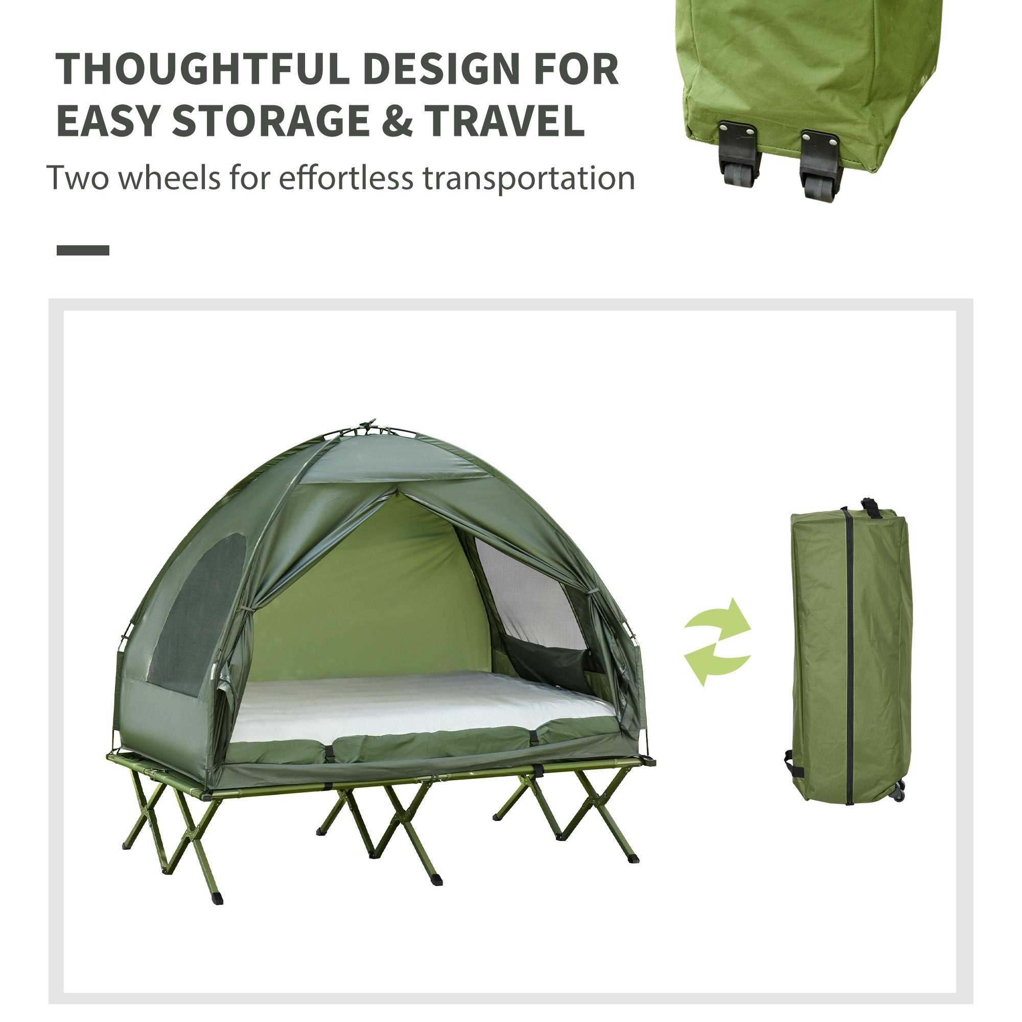 Outsunny All in 1 Camping Combo Portable Folding Camping Tent Cot Air Mattress w/ Carry Bag and Pump Hiking Shelter Sleeping Bed Dark Green