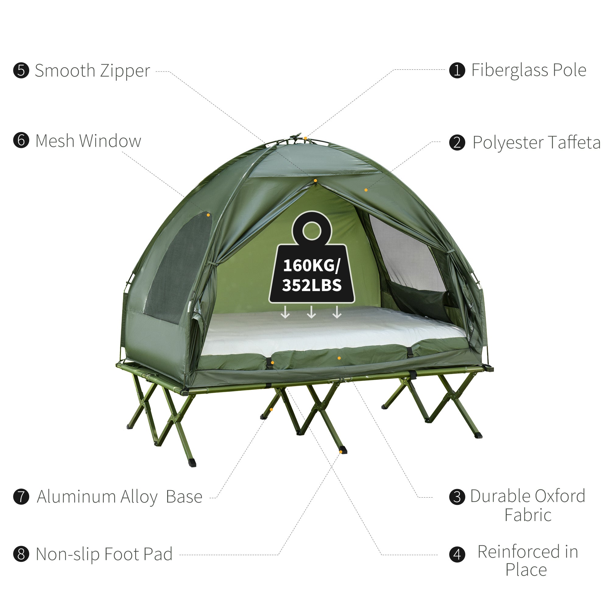 Outsunny All in 1 Camping Combo Portable Folding Camping Tent Cot Air Mattress w/ Carry Bag and Pump Hiking Shelter Sleeping Bed Dark Green