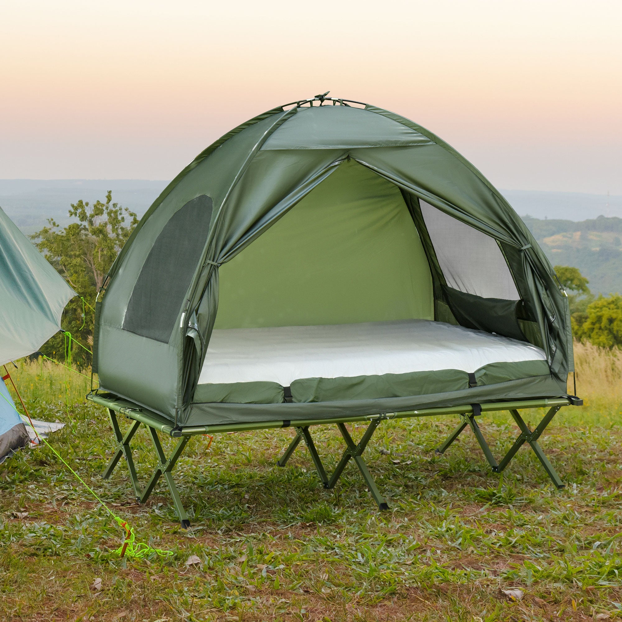 Outsunny All in 1 Camping Combo Portable Folding Camping Tent Cot Air Mattress w/ Carry Bag and Pump Hiking Shelter Sleeping Bed Dark Green
