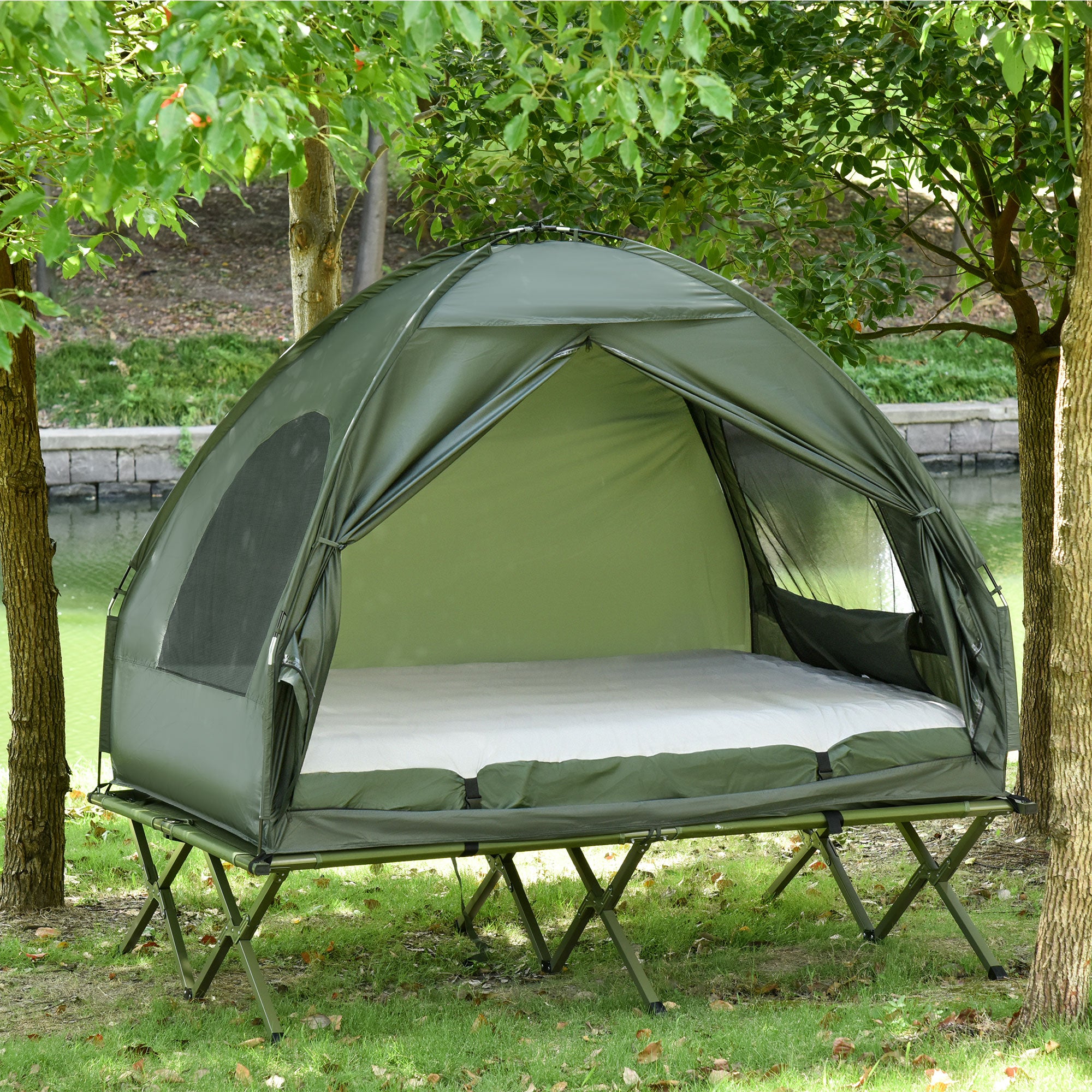 Outsunny All in 1 Camping Combo Portable Folding Camping Tent Cot Air Mattress w/ Carry Bag and Pump Hiking Shelter Sleeping Bed Dark Green