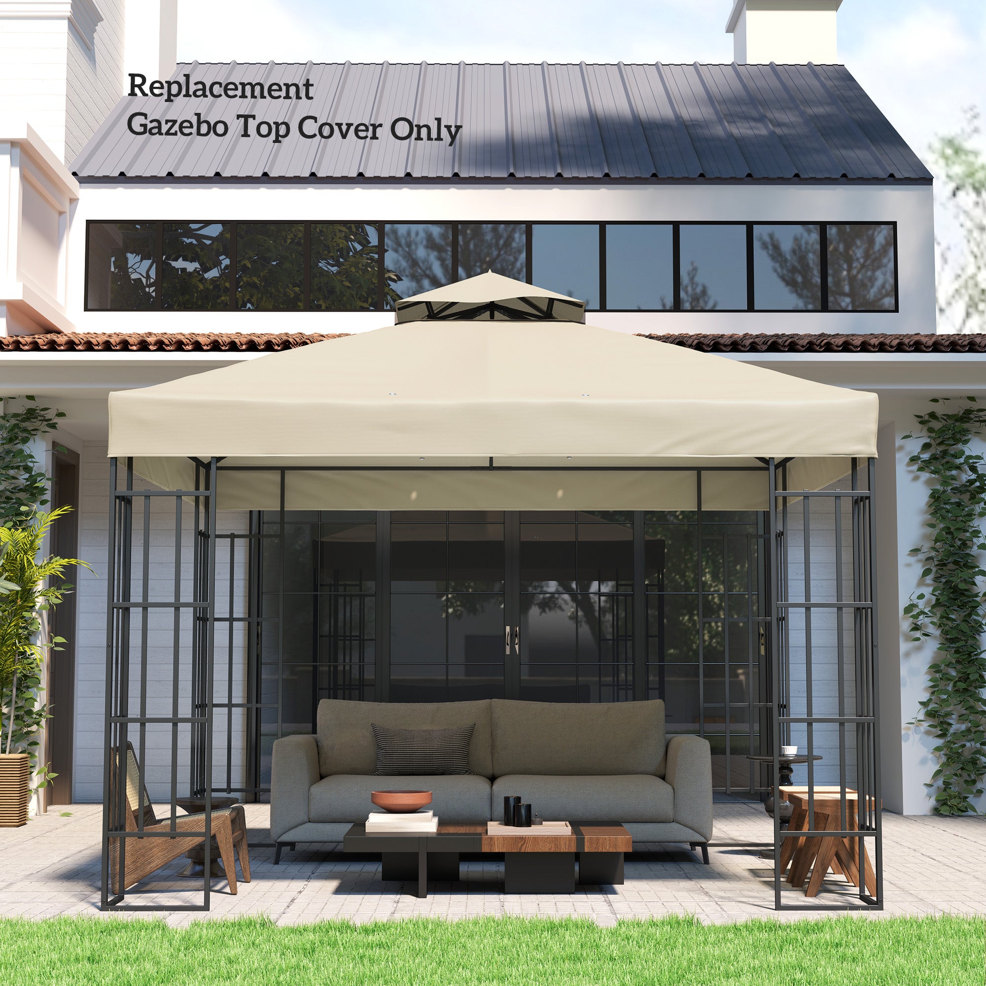 Outsunny 10' x 10' Gazebo Replacement Canopy Cover, 2-Tier Outdoor Gazebo Roof Replacement with Drain Holes, Water Resistant PVC Coating, 370g/㎡, UPF30+, TOP COVER ONLY, Cream