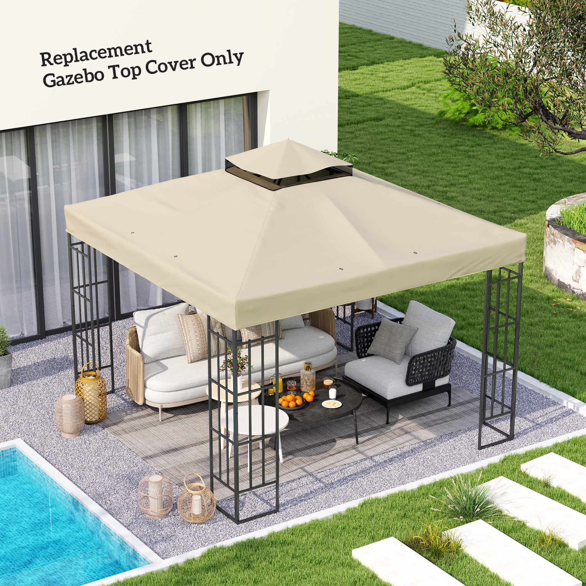 Outsunny 10' x 10' Gazebo Replacement Canopy Cover, 2-Tier Outdoor Gazebo Roof Replacement with Drain Holes, Water Resistant PVC Coating, 370g/㎡, UPF30+, TOP COVER ONLY, Cream