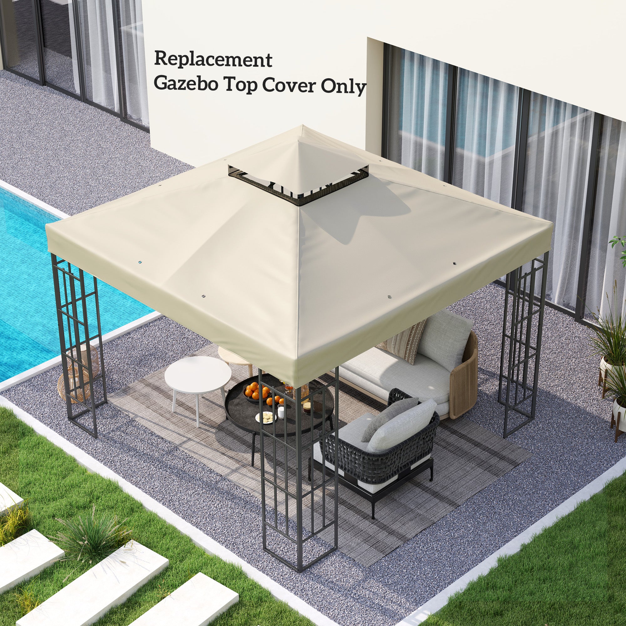 Outsunny 10' x 10' Gazebo Replacement Canopy Cover, 2-Tier Outdoor Gazebo Roof Replacement with Drain Holes, Water Resistant PVC Coating, 370g/㎡, UPF30+, TOP COVER ONLY, Cream