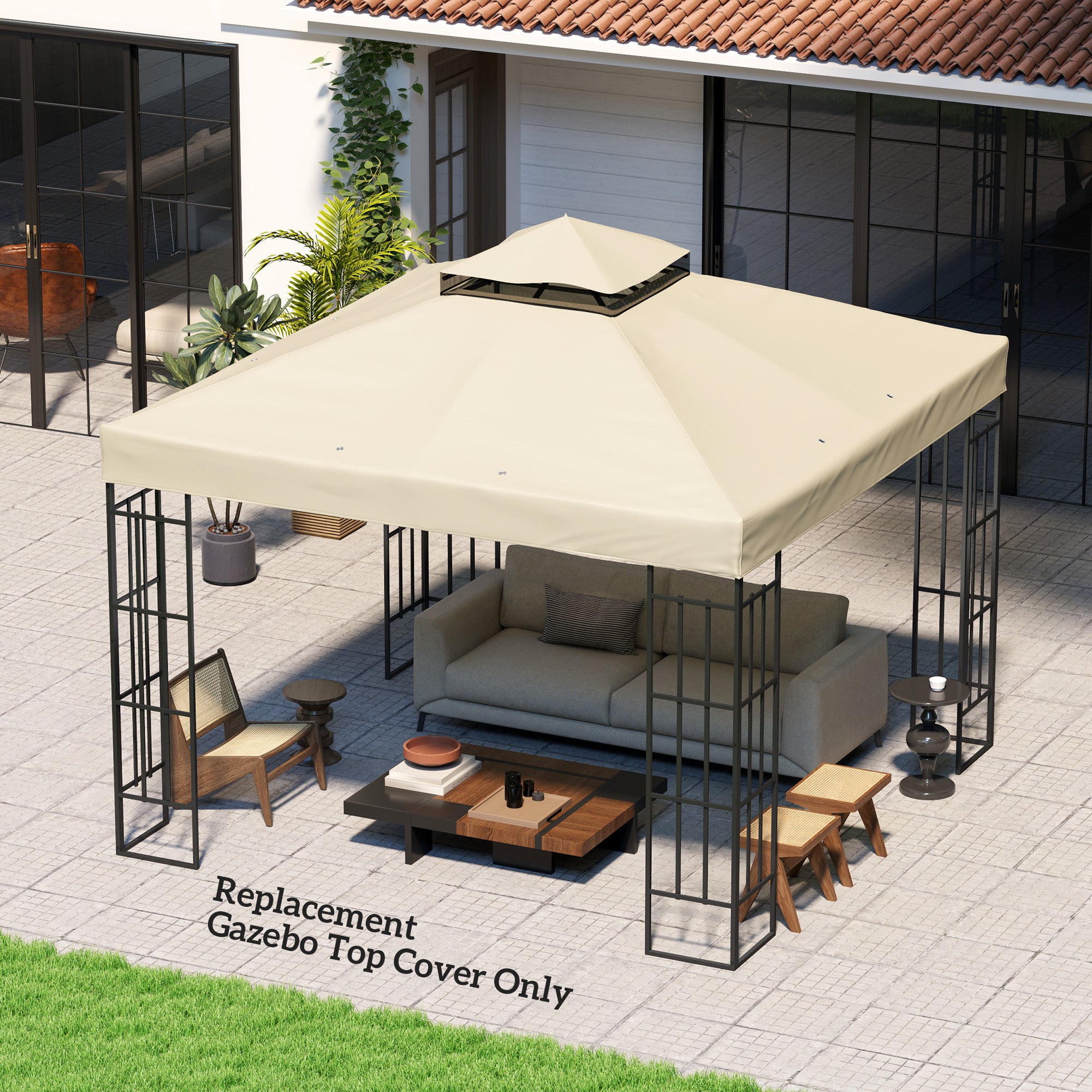 Outsunny 10' x 10' Gazebo Replacement Canopy Cover, 2-Tier Outdoor Gazebo Roof Replacement with Drain Holes, Water Resistant PVC Coating, 370g/㎡, UPF30+, TOP COVER ONLY, Cream