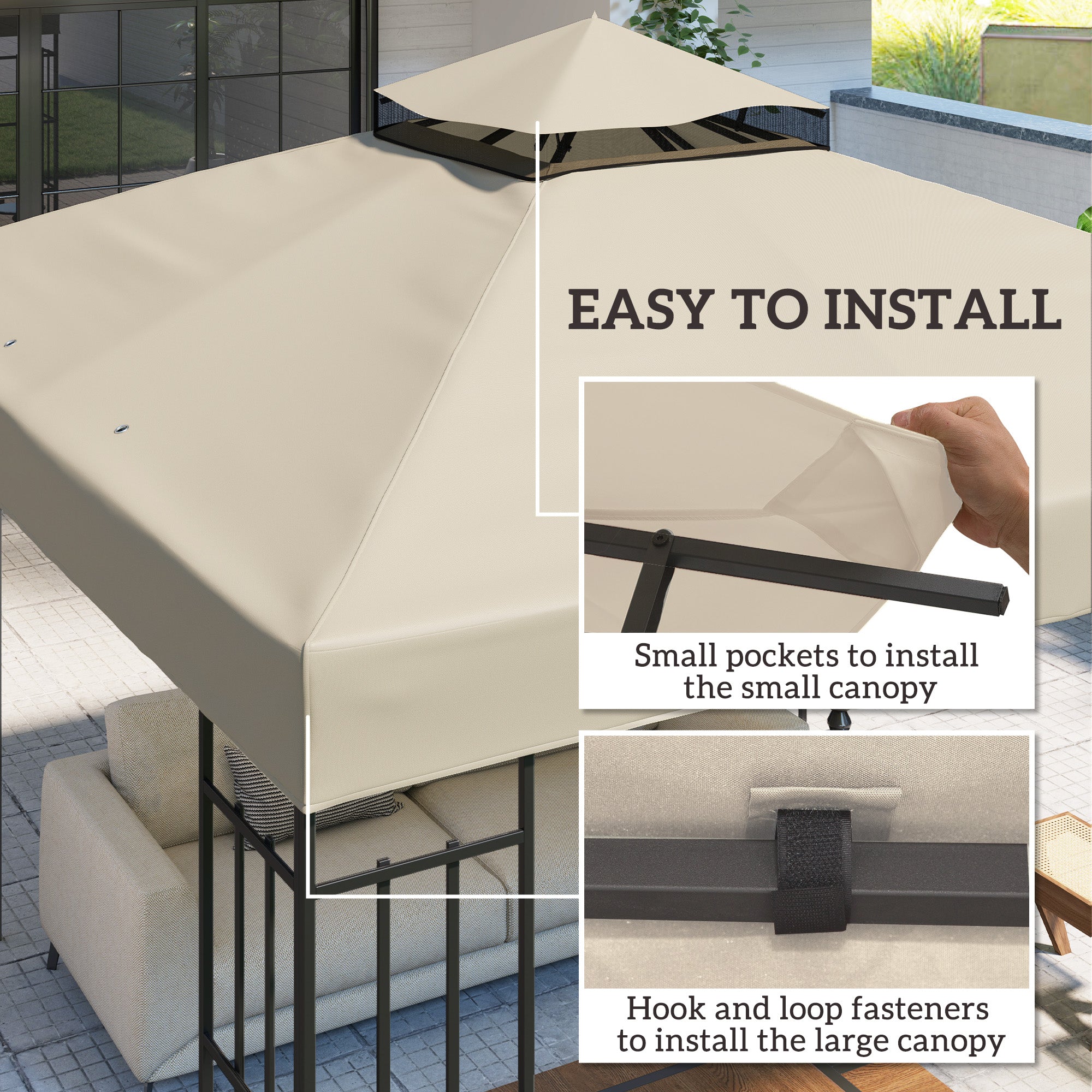 Outsunny 10' x 10' Gazebo Replacement Canopy Cover, 2-Tier Outdoor Gazebo Roof Replacement with Drain Holes, Water Resistant PVC Coating, 370g/㎡, UPF30+, TOP COVER ONLY, Cream