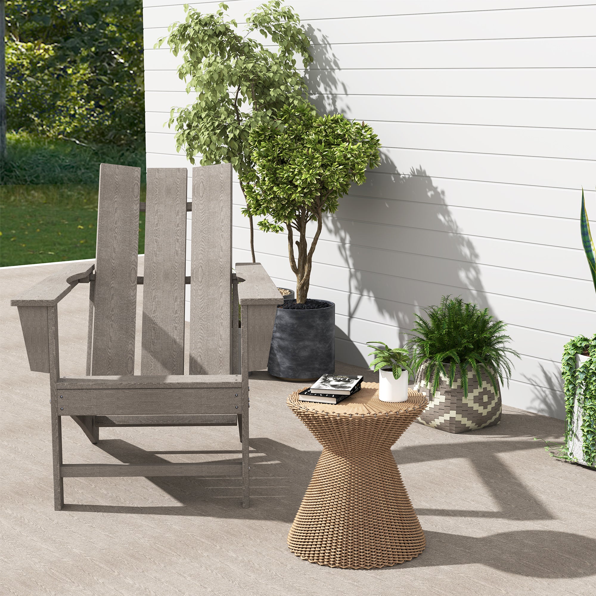 Outsunny Patio Adirondack Chair, HDPE Plastic Muskoka Chair with High Back and Wide Armrests, Wood-Effect, All-Weather for Fire Pit, Outdoor, Patio, Porch, Dark Grey