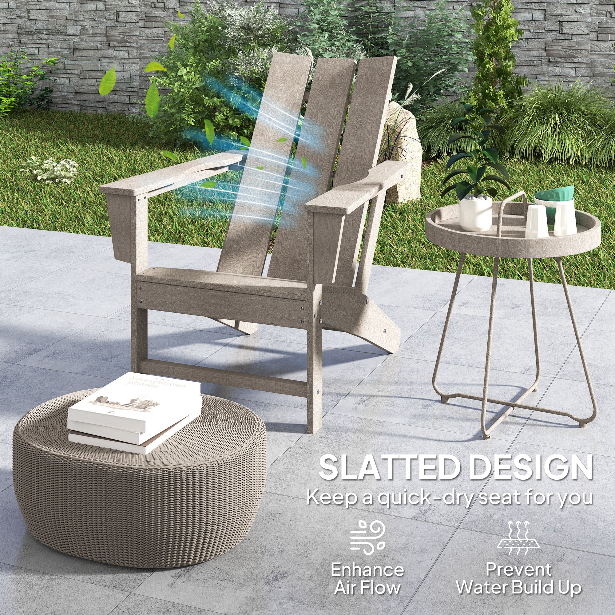 Outsunny Patio Adirondack Chair, HDPE Plastic Muskoka Chair with High Back and Wide Armrests, Wood-Effect, All-Weather for Fire Pit, Outdoor, Patio, Porch, Dark Grey