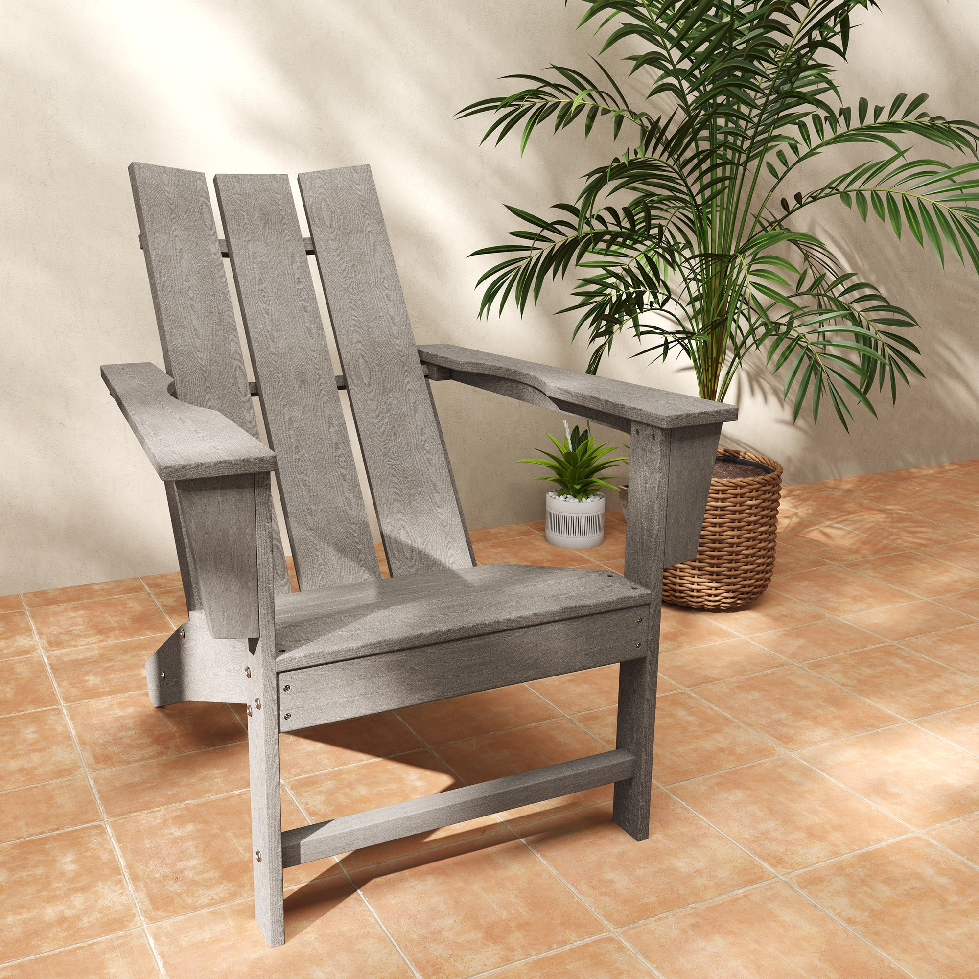 Outsunny Patio Adirondack Chair, HDPE Plastic Muskoka Chair with High Back and Wide Armrests, Wood-Effect, All-Weather for Fire Pit, Outdoor, Patio, Porch, Dark Grey