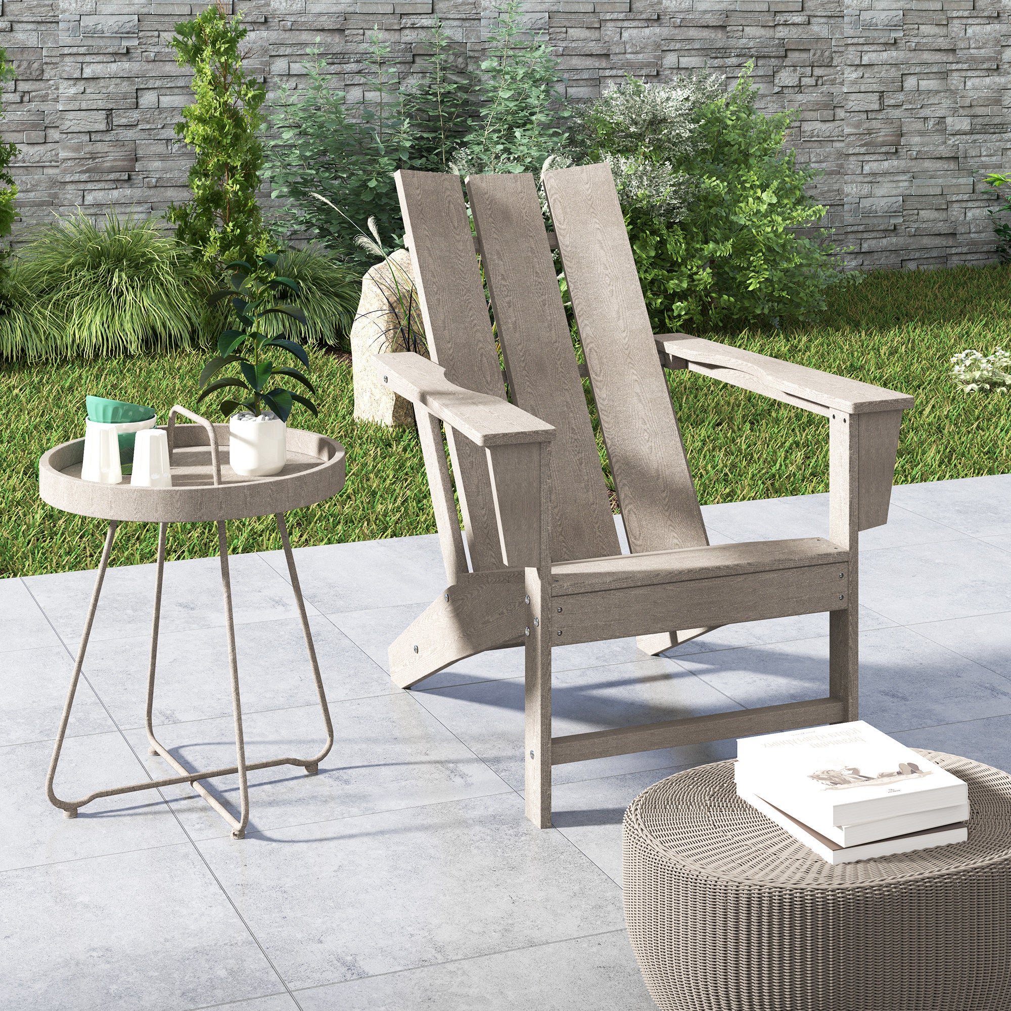 Outsunny Patio Adirondack Chair, HDPE Plastic Muskoka Chair with High Back and Wide Armrests, Wood-Effect, All-Weather for Fire Pit, Outdoor, Patio, Porch, Dark Grey