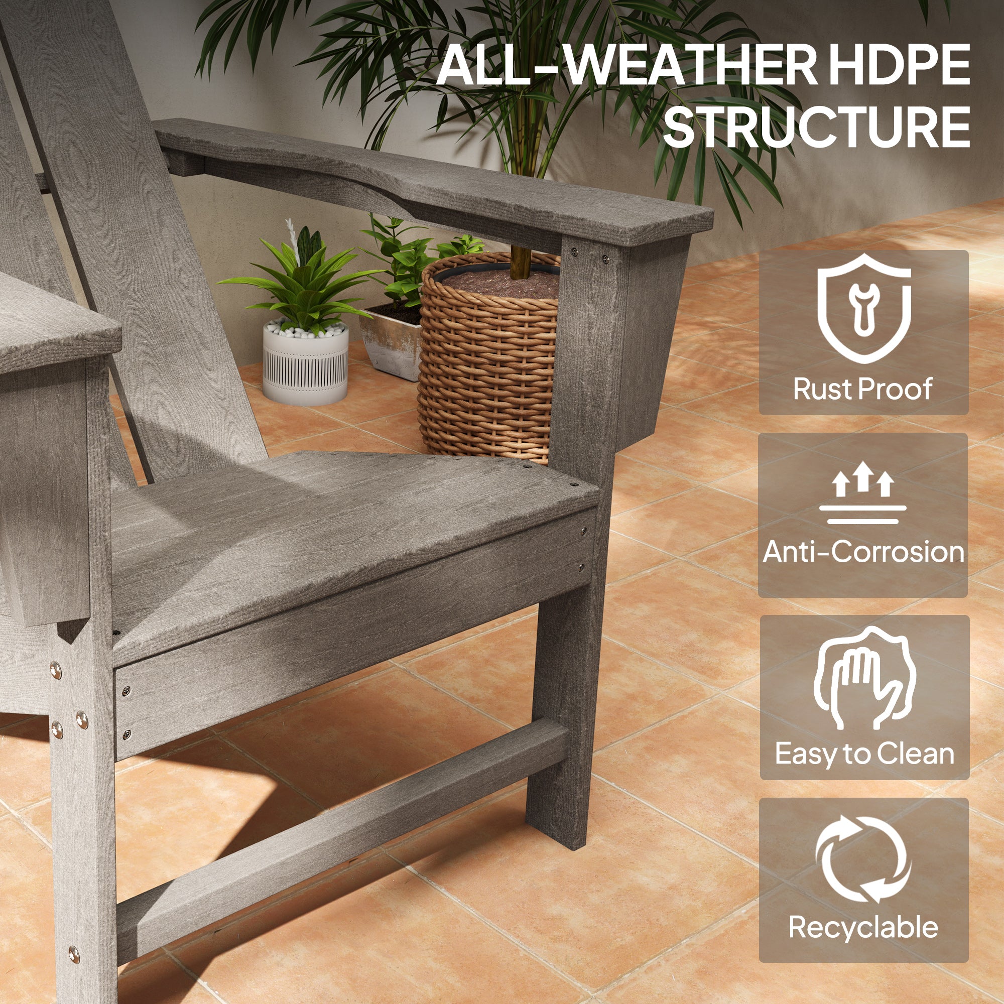 Outsunny Patio Adirondack Chair, HDPE Plastic Muskoka Chair with High Back and Wide Armrests, Wood-Effect, All-Weather for Fire Pit, Outdoor, Patio, Porch, Dark Grey