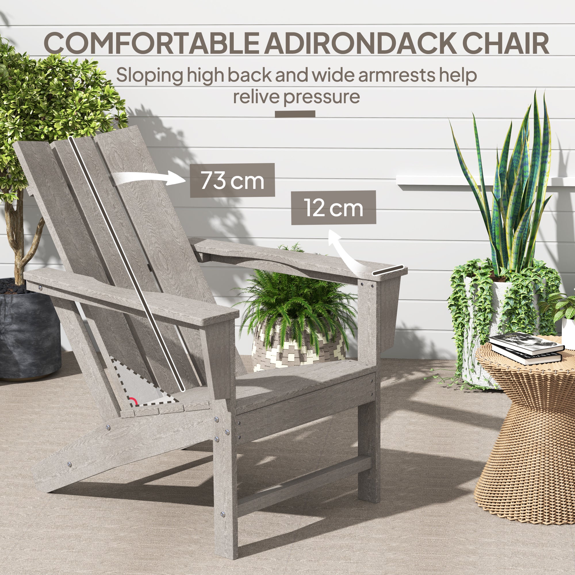 Outsunny Patio Adirondack Chair, HDPE Plastic Muskoka Chair with High Back and Wide Armrests, Wood-Effect, All-Weather for Fire Pit, Outdoor, Patio, Porch, Dark Grey