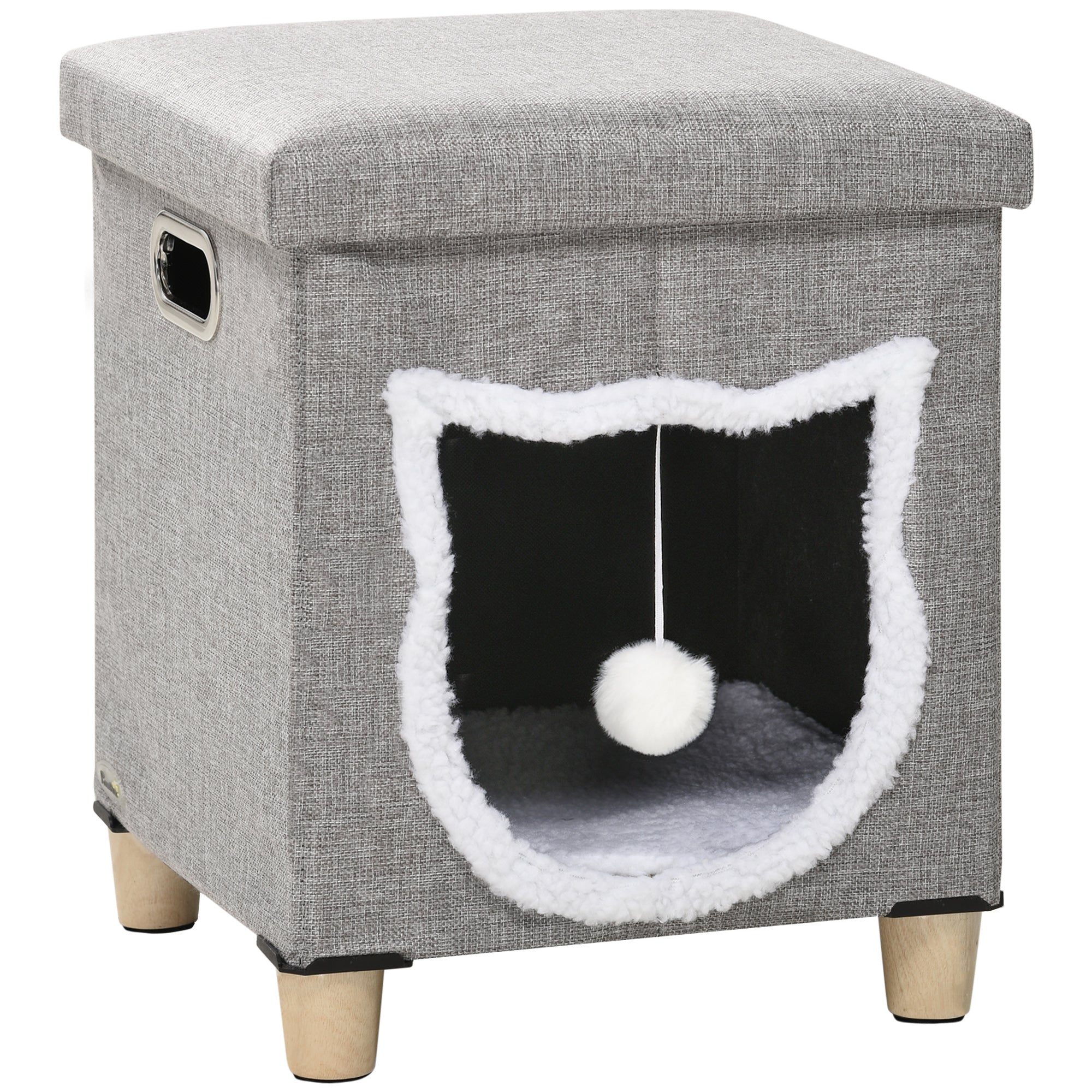 PawHut 2 in 1 Cat Bed Ottoman, Comfortable Cat Sleeping Cave House w/ Removable Cushion, Scratching Pad, Handles, Anti-Slip Foot Pad, Toy Ball, Entrance - Grey