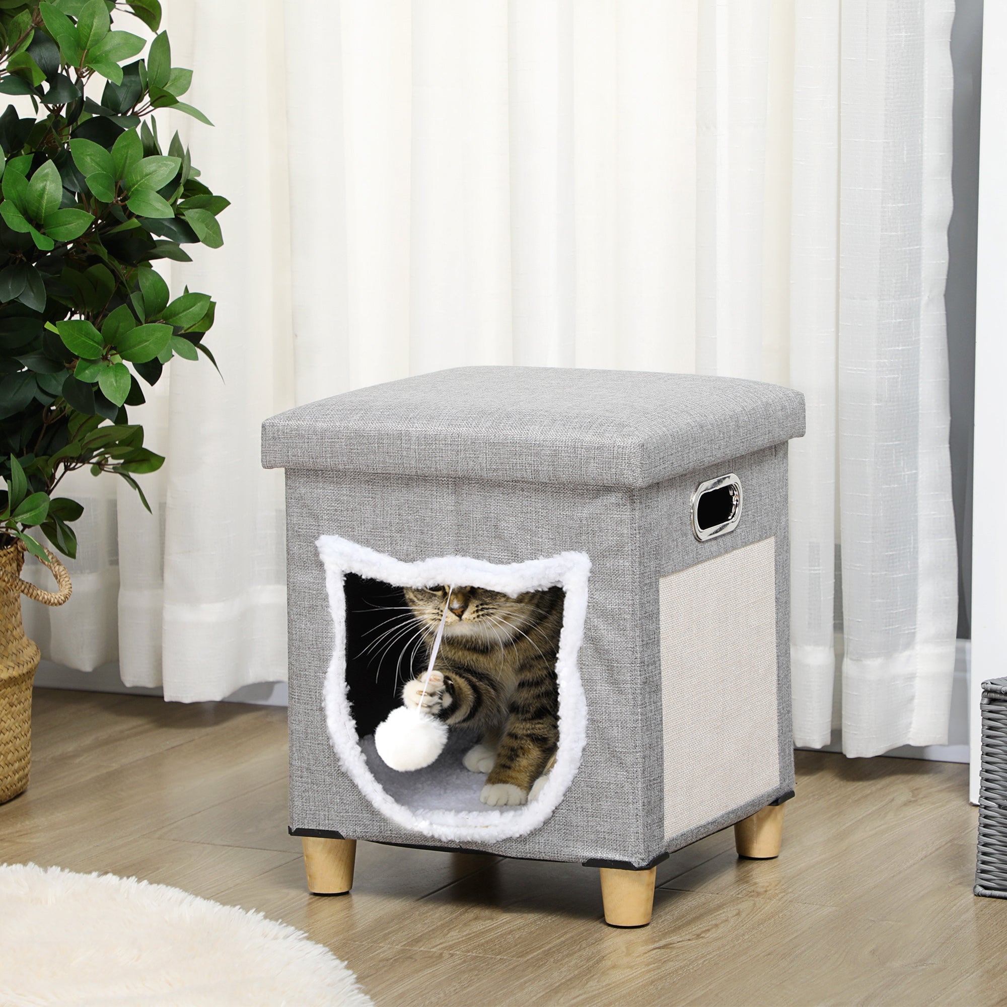 PawHut 2 in 1 Cat Bed Ottoman, Comfortable Cat Sleeping Cave House w/ Removable Cushion, Scratching Pad, Handles, Anti-Slip Foot Pad, Toy Ball, Entrance - Grey