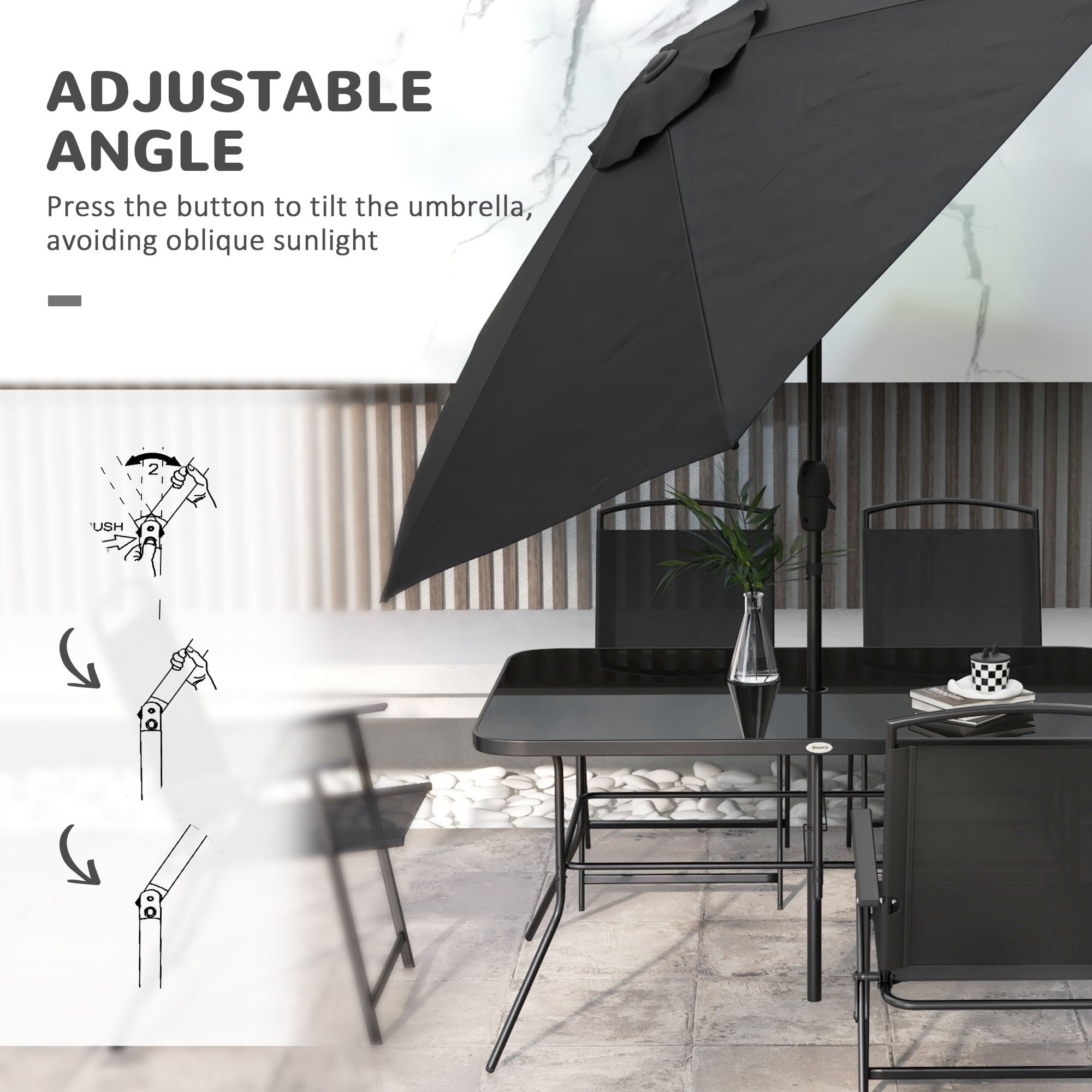 Outsunny 8 Piece Patio Dining Set for 6 with Umbrella, Outdoor Table and Chairs with 6 Folding Chairs with Mesh Seat and Rectangle Dining Table with Umbrella Hole, Black