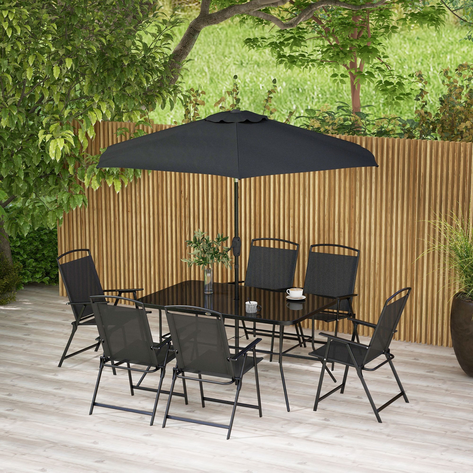Outsunny 8 Piece Patio Dining Set for 6 with Umbrella, Outdoor Table and Chairs with 6 Folding Chairs with Mesh Seat and Rectangle Dining Table with Umbrella Hole, Black