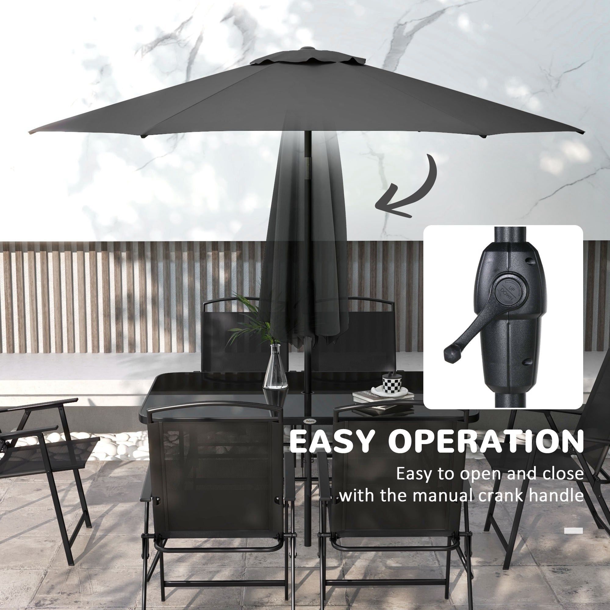 Outsunny 8 Piece Patio Dining Set for 6 with Umbrella, Outdoor Table and Chairs with 6 Folding Chairs with Mesh Seat and Rectangle Dining Table with Umbrella Hole, Black