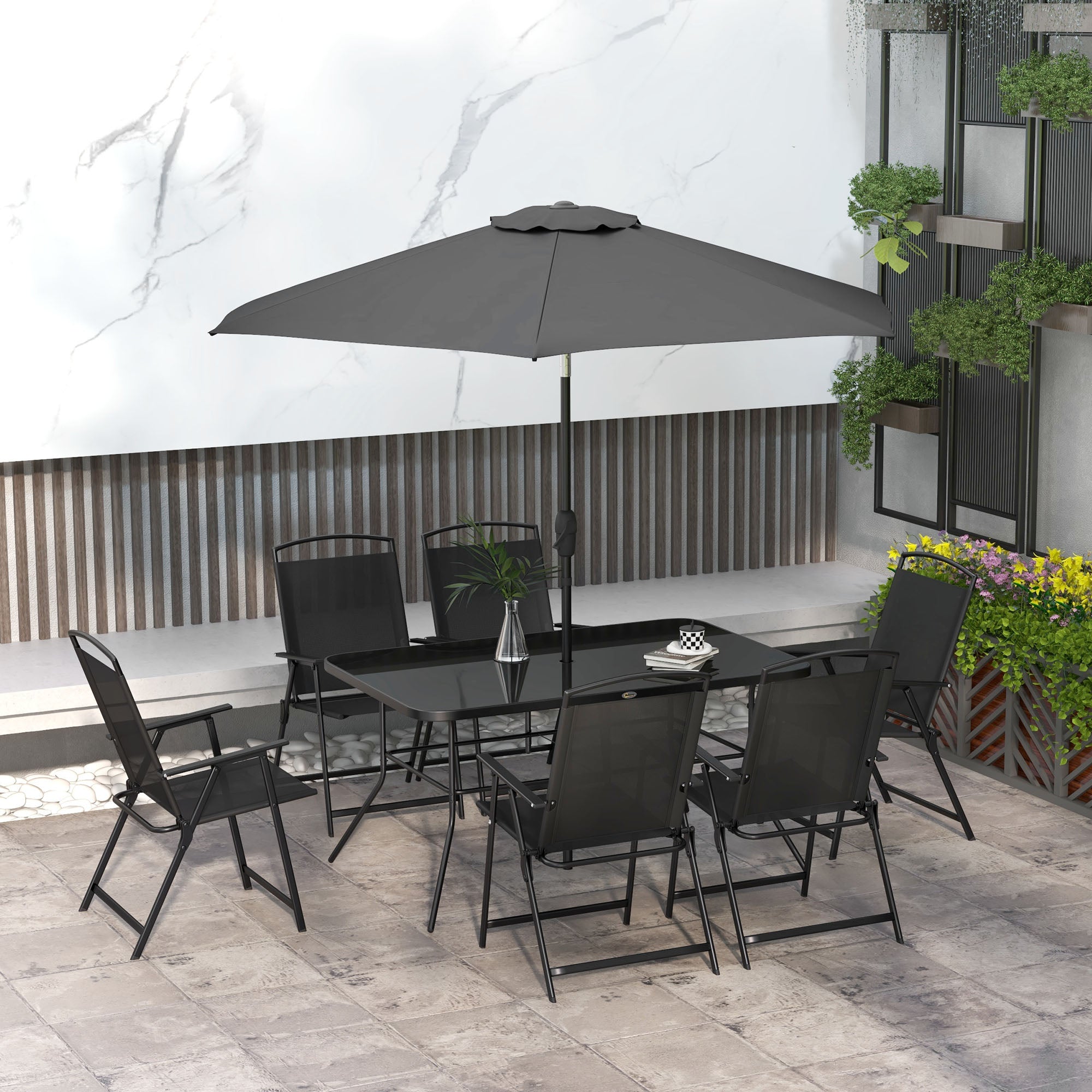 Outsunny 8 Piece Patio Dining Set for 6 with Umbrella, Outdoor Table and Chairs with 6 Folding Chairs with Mesh Seat and Rectangle Dining Table with Umbrella Hole, Black