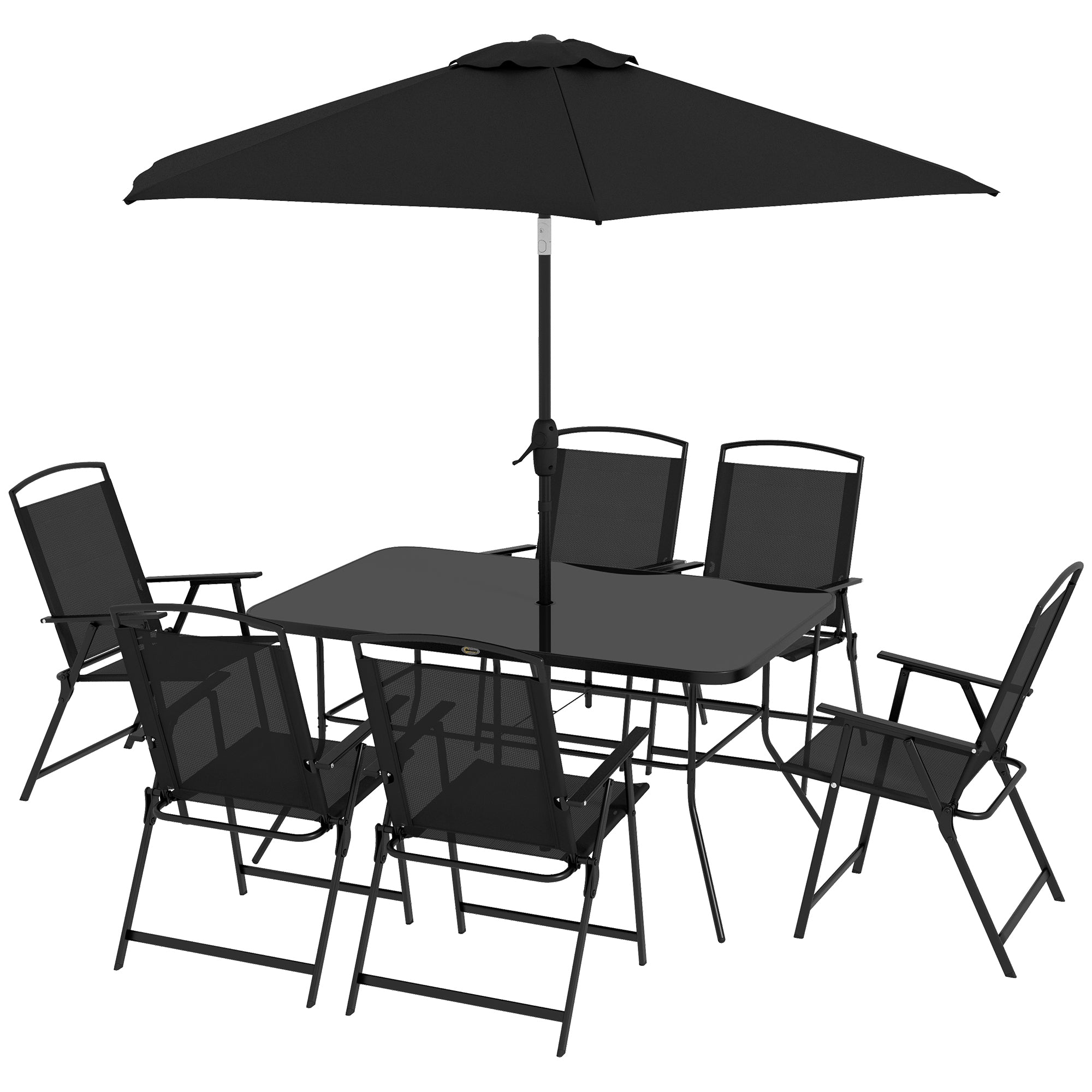 Outsunny 8 Piece Patio Dining Set for 6 with Umbrella, Outdoor Table and Chairs with 6 Folding Chairs with Mesh Seat and Rectangle Dining Table with Umbrella Hole, Black