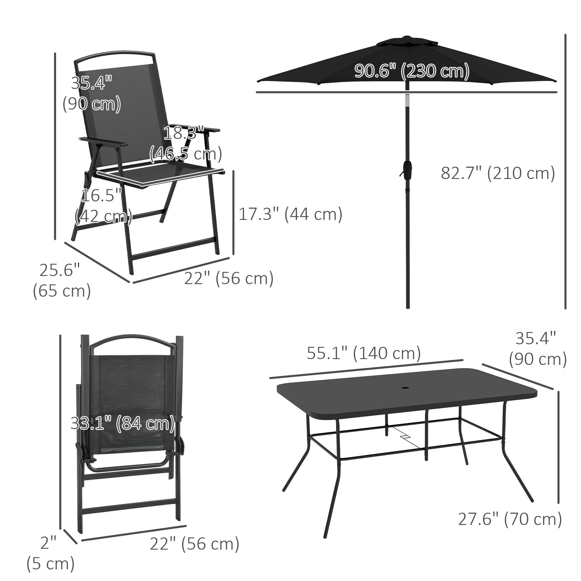 Outsunny 8 Piece Patio Dining Set for 6 with Umbrella, Outdoor Table and Chairs with 6 Folding Chairs with Mesh Seat and Rectangle Dining Table with Umbrella Hole, Black