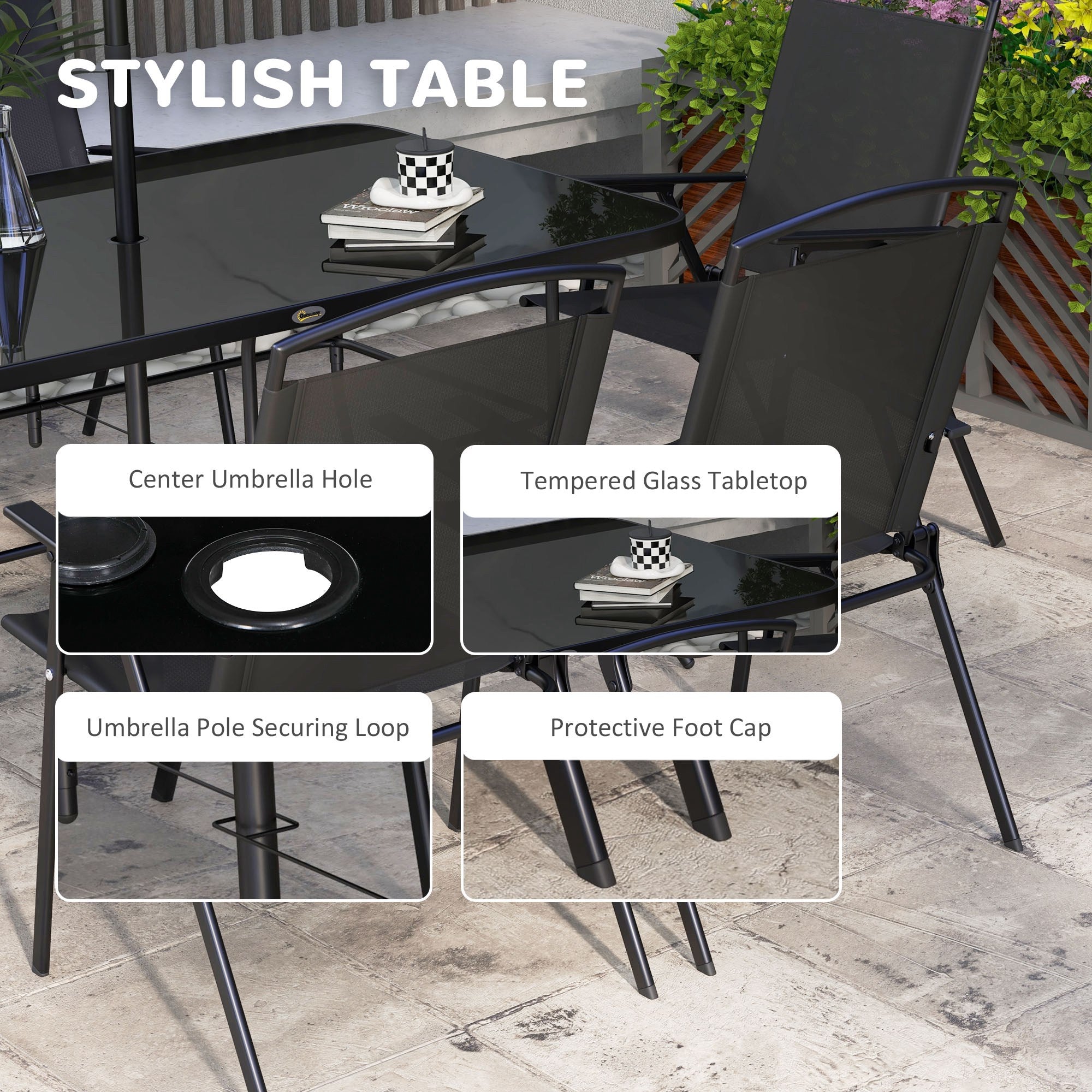 Outsunny 8 Piece Patio Dining Set for 6 with Umbrella, Outdoor Table and Chairs with 6 Folding Chairs with Mesh Seat and Rectangle Dining Table with Umbrella Hole, Black