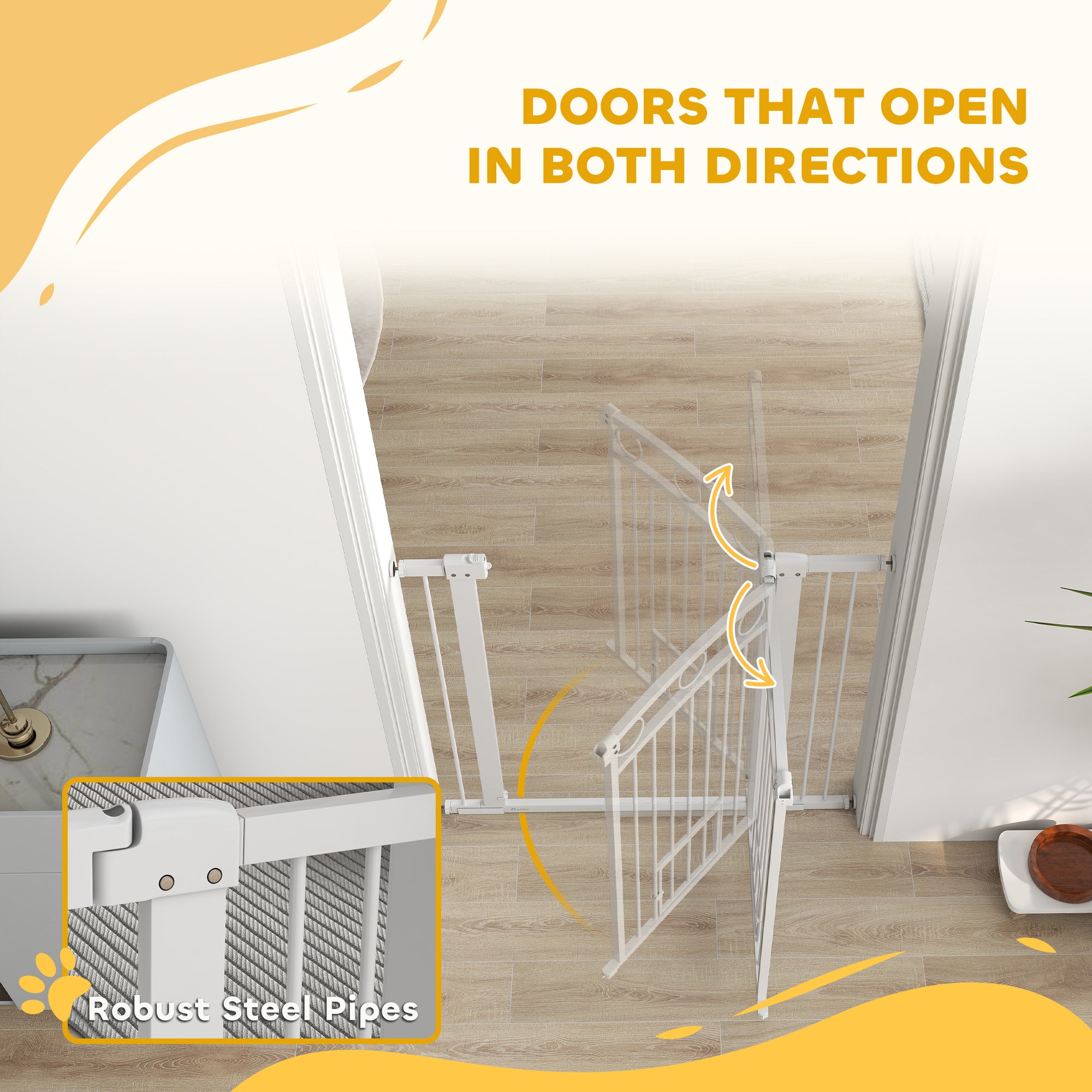 PawHut Stair Gate, 106cm Extra Tall Dog Gate with Adjustable Width, 76-104cm Pressure Fit Safety Gate with Cat Door, 7cm and 14cm Extensions, for Stairs, Doorways, Easy Installation, White