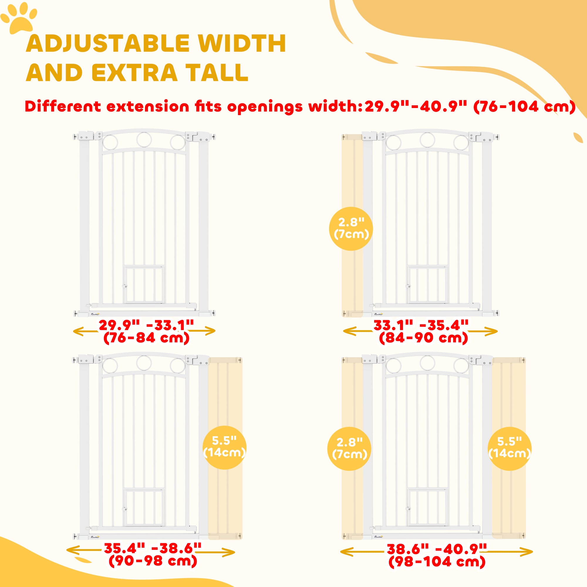 PawHut Dog Gate, 42" Extra Tall Pet Gate with Cat Door, Includes 2.8" and 5.5" Extension Kits, Pressure Mounted Stair Gate for Doorways, Hallways, Stairways, 30"-41" Width