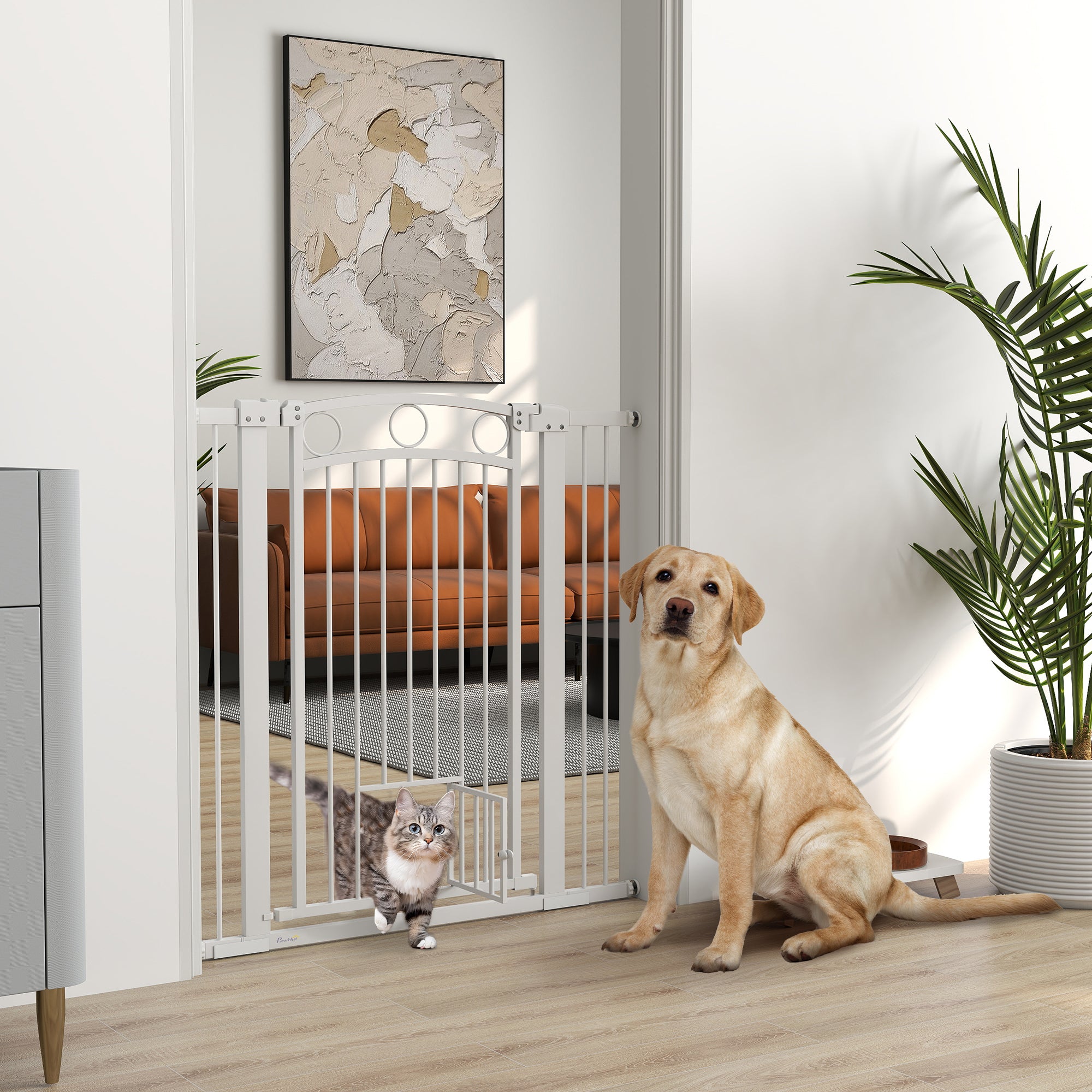 PawHut Dog Gate, 42" Extra Tall Pet Gate with Cat Door, Includes 2.8" and 5.5" Extension Kits, Pressure Mounted Stair Gate for Doorways, Hallways, Stairways, 30"-41" Width