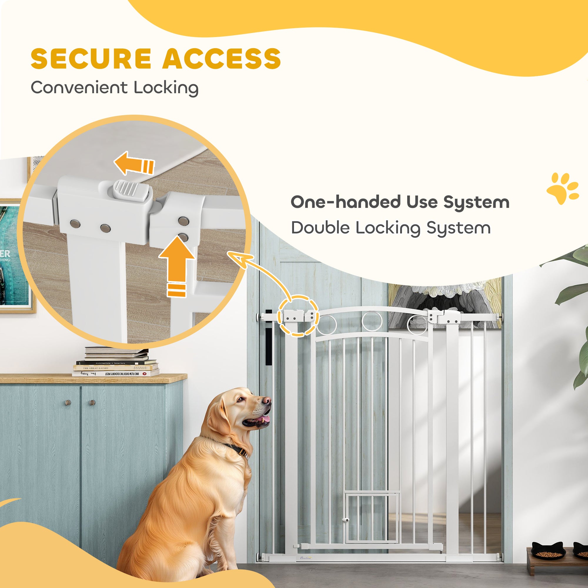 PawHut Stair Gate, 106cm Extra Tall Dog Gate with Adjustable Width, 76-104cm Pressure Fit Safety Gate with Cat Door, 7cm and 14cm Extensions, for Stairs, Doorways, Easy Installation, White