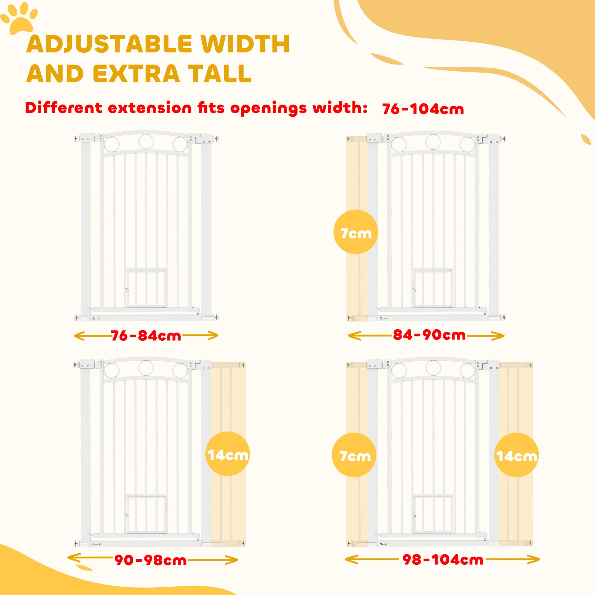 PawHut Stair Gate, 106cm Extra Tall Dog Gate with Adjustable Width, 76-104cm Pressure Fit Safety Gate with Cat Door, 7cm and 14cm Extensions, for Stairs, Doorways, Easy Installation, White
