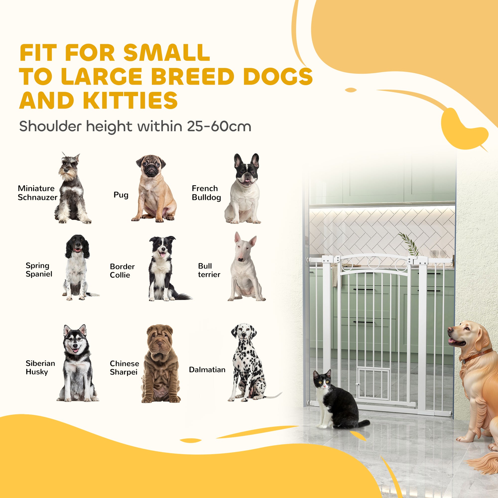 PawHut Stair Gate, 106cm Extra Tall Dog Gate with Adjustable Width, 76-104cm Pressure Fit Safety Gate with Cat Door, 7cm and 14cm Extensions, for Stairs, Doorways, Easy Installation, White