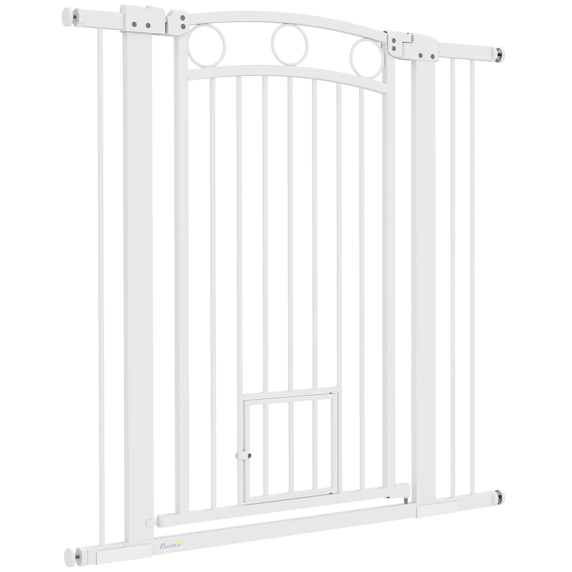 PawHut Stair Gate, 106cm Extra Tall Dog Gate with Adjustable Width, 76-104cm Pressure Fit Safety Gate with Cat Door, 7cm and 14cm Extensions, for Stairs, Doorways, Easy Installation, White
