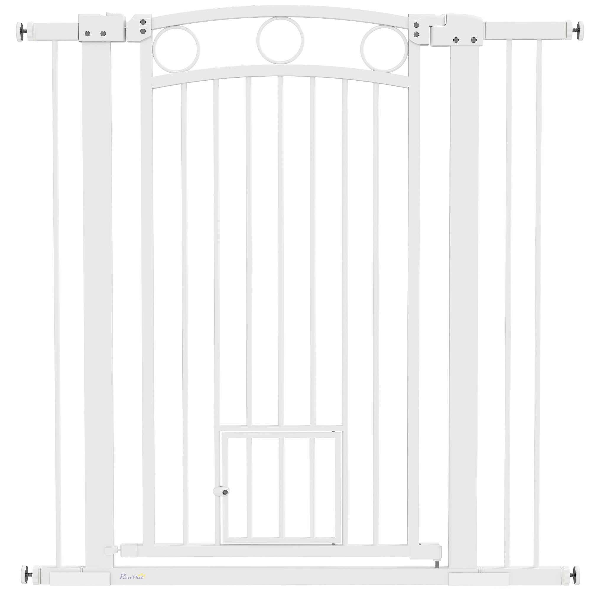 PawHut Stair Gate, 106cm Extra Tall Dog Gate with Adjustable Width, 76-104cm Pressure Fit Safety Gate with Cat Door, 7cm and 14cm Extensions, for Stairs, Doorways, Easy Installation, White