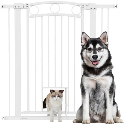 PawHut Stair Gate, 106cm Extra Tall Dog Gate with Adjustable Width, 76-104cm Pressure Fit Safety Gate with Cat Door, 7cm and 14cm Extensions, for Stairs, Doorways, Easy Installation, White