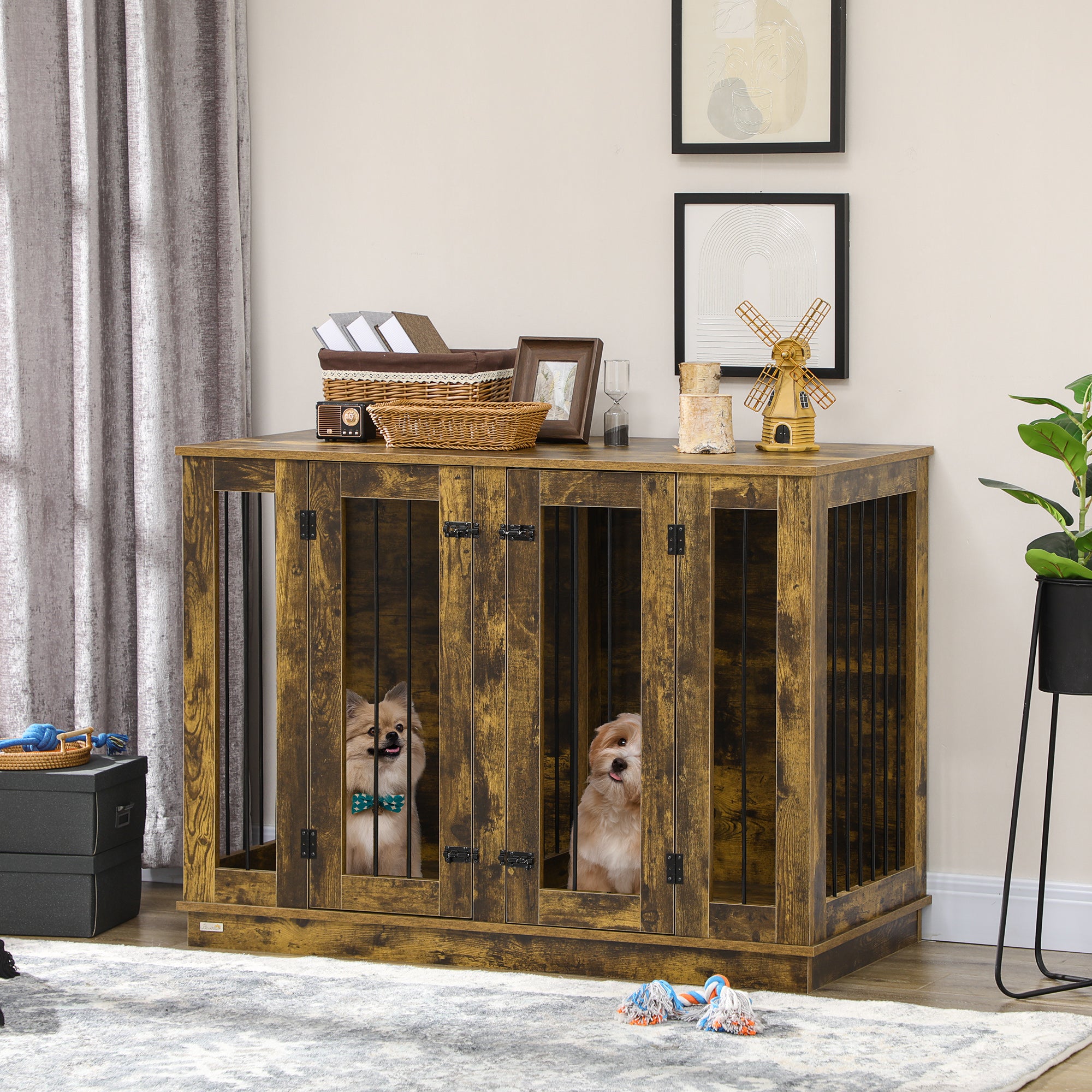 PawHut Furniture Style Dog Crate with Removable Divider, Dog Crate Side End Table Indoor with Double Doors, for Small to Large Dogs, 47" x 23.5" x 35", Rustic Brown