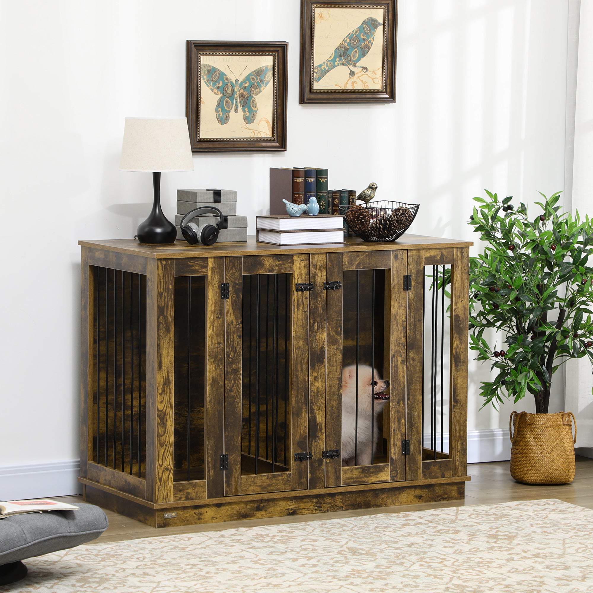 PawHut Furniture Style Dog Crate with Removable Divider, Dog Crate Side End Table Indoor with Double Doors, for Small to Large Dogs, 47" x 23.5" x 35", Rustic Brown