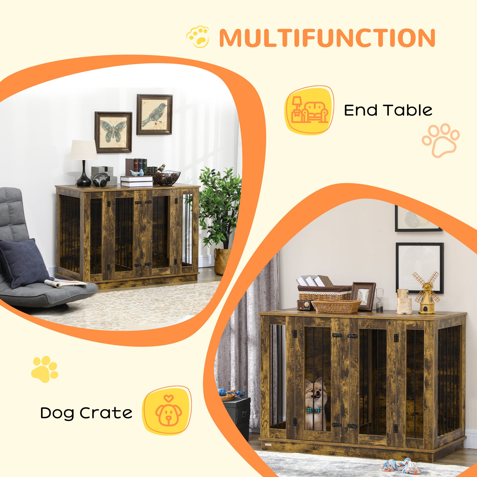 PawHut Furniture Style Dog Crate with Removable Divider, Dog Crate Side End Table Indoor with Double Doors, for Small to Large Dogs, 47" x 23.5" x 35", Rustic Brown
