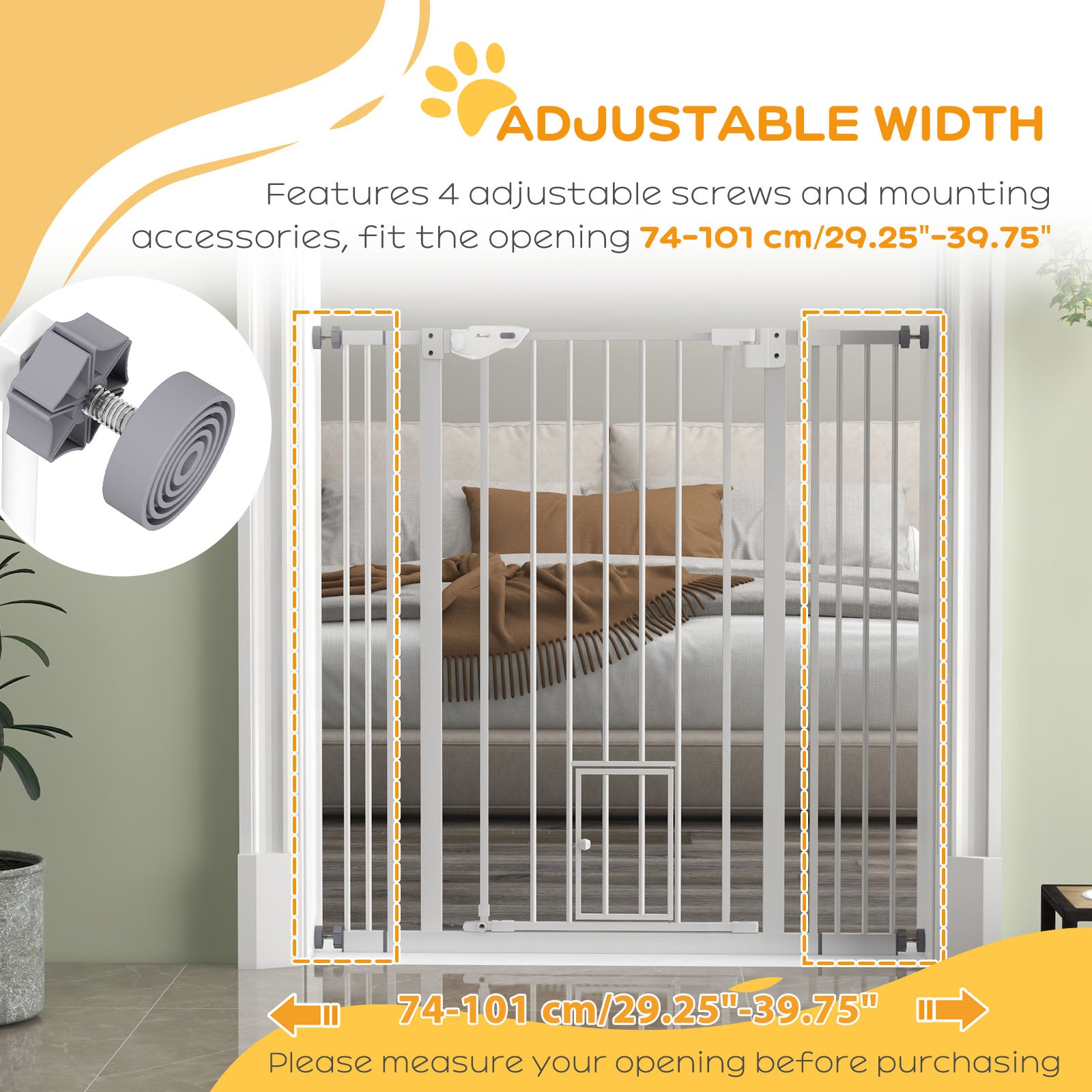 PawHut 41"H Dog Gate with Cat Door, Pet Gate with Small Door, Easy Open Indoor Dog Gates for Doorways, House, Stair, 29"-40" Long, White