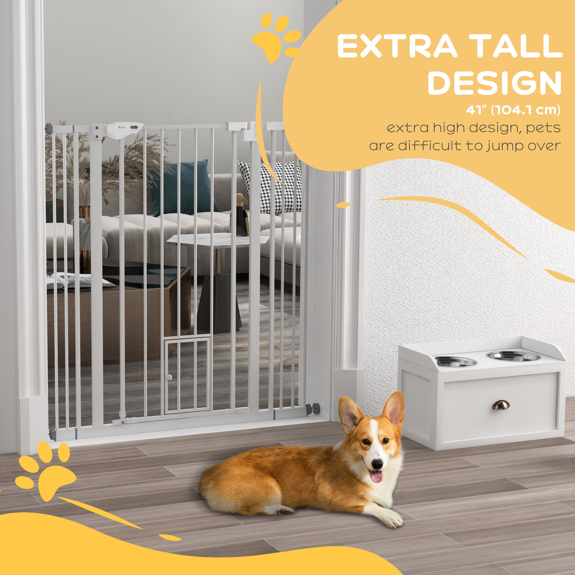 PawHut 41"H Dog Gate with Cat Door, Pet Gate with Small Door, Easy Open Indoor Dog Gates for Doorways, House, Stair, 29"-40" Long, White
