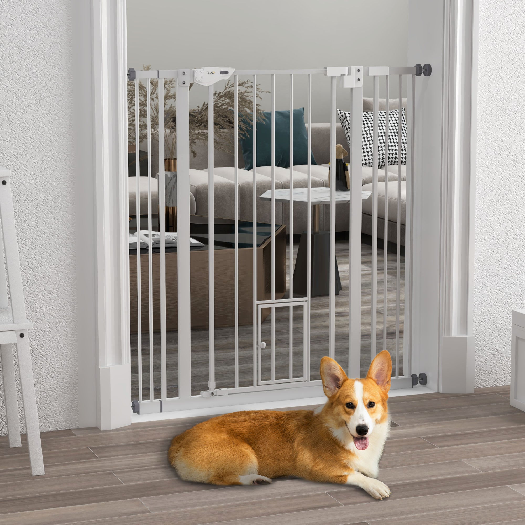 PawHut 41"H Dog Gate with Cat Door, Pet Gate with Small Door, Easy Open Indoor Dog Gates for Doorways, House, Stair, 29"-40" Long, White