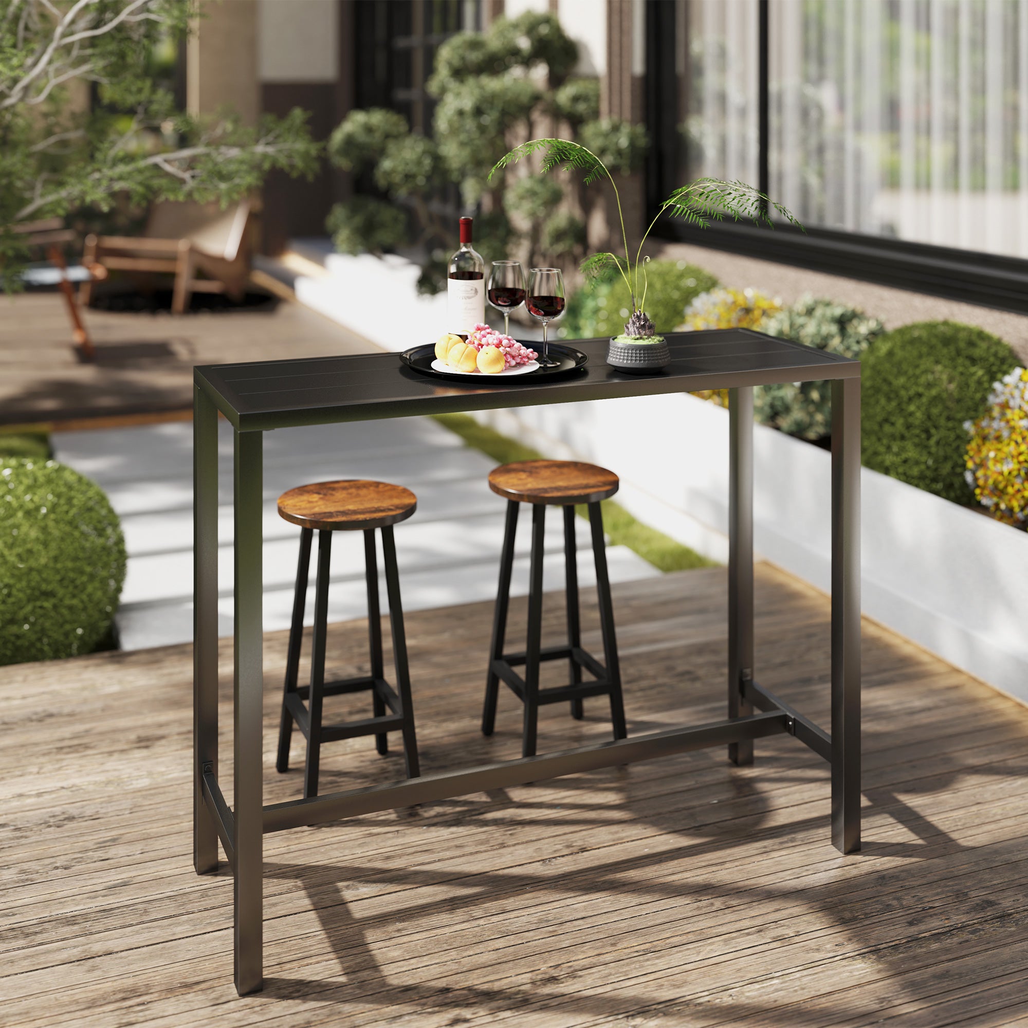 Outsunny Outdoor Bar Table, 48" L Narrow Bar Height Patio Table, Counter Height Table Bistro Table Hot Tub Table with Slatted Top, Metal Frame for Garden Backyard Poolside, Black