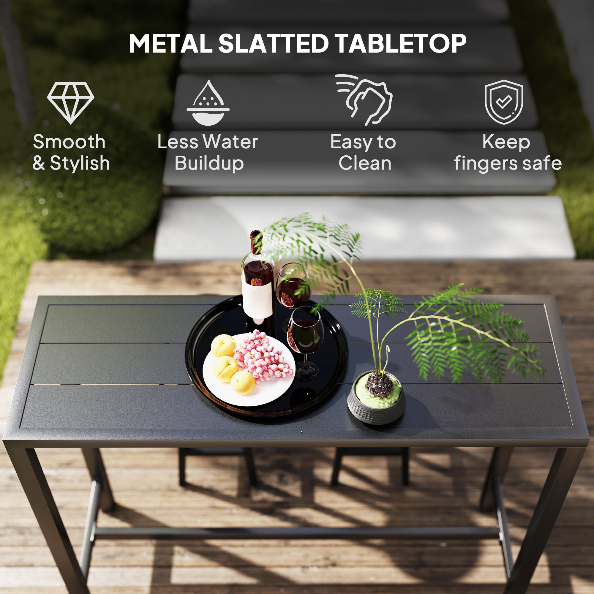 Outsunny Outdoor Bar Table, 48" L Narrow Bar Height Patio Table, Counter Height Table Bistro Table Hot Tub Table with Slatted Top, Metal Frame for Garden Backyard Poolside, Black