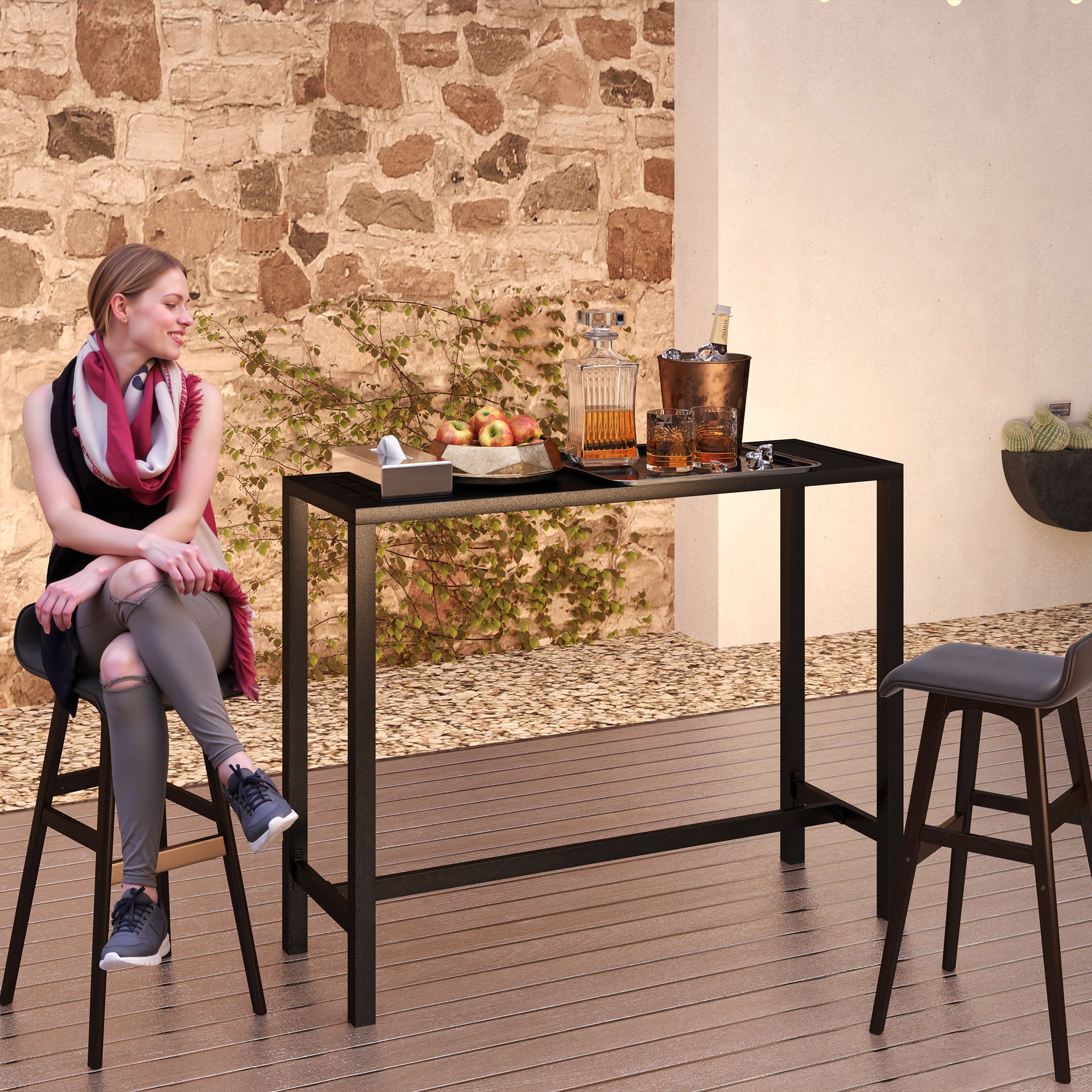 Outsunny Outdoor Bar Table, 48" L Narrow Bar Height Patio Table, Counter Height Table Bistro Table Hot Tub Table with Slatted Top, Metal Frame for Garden Backyard Poolside, Black