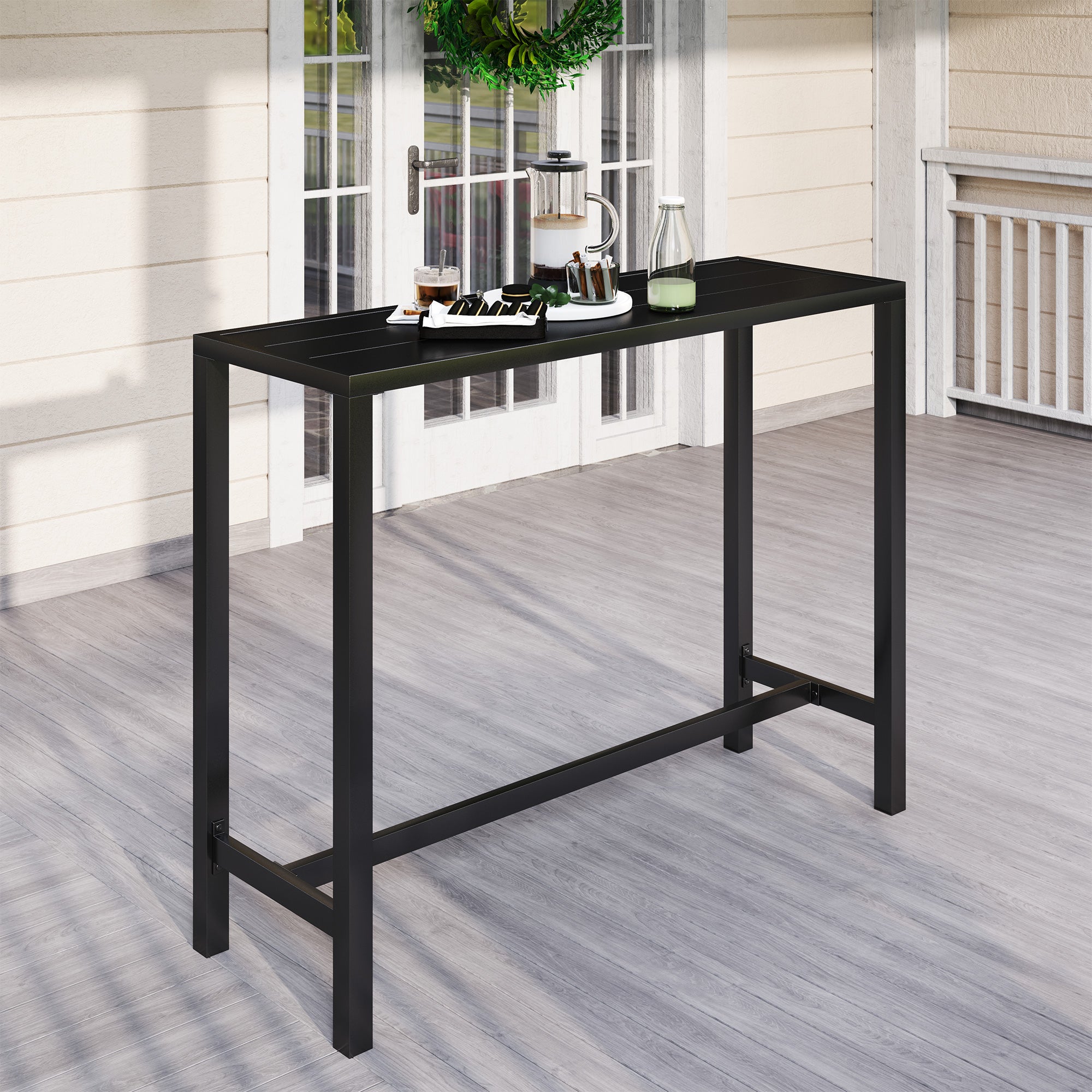 Outsunny Outdoor Bar Table, 48" L Narrow Bar Height Patio Table, Counter Height Table Bistro Table Hot Tub Table with Slatted Top, Metal Frame for Garden Backyard Poolside, Black