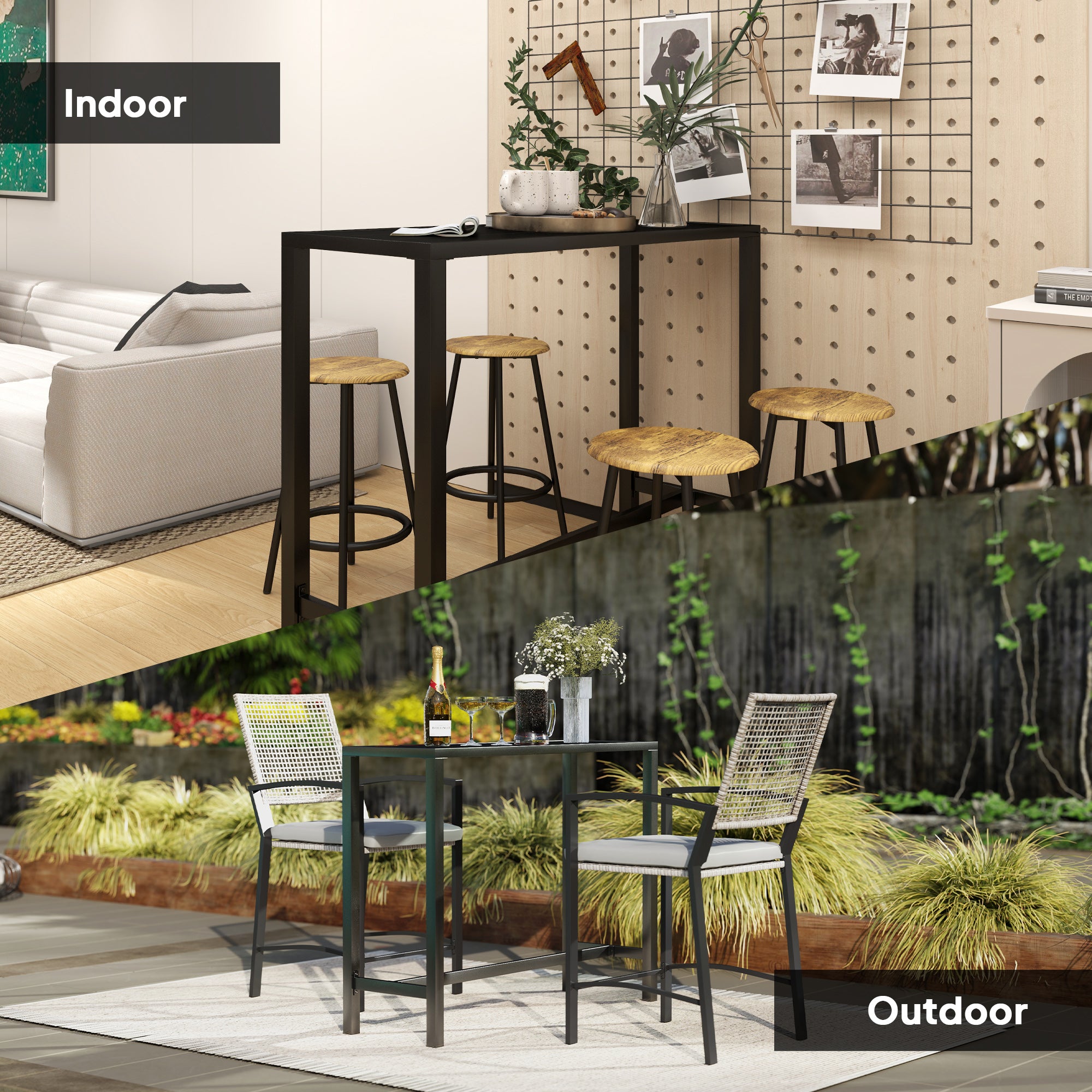 Outsunny Outdoor Bar Table, 48" L Narrow Bar Height Patio Table, Counter Height Table Bistro Table Hot Tub Table with Slatted Top, Metal Frame for Garden Backyard Poolside, Black