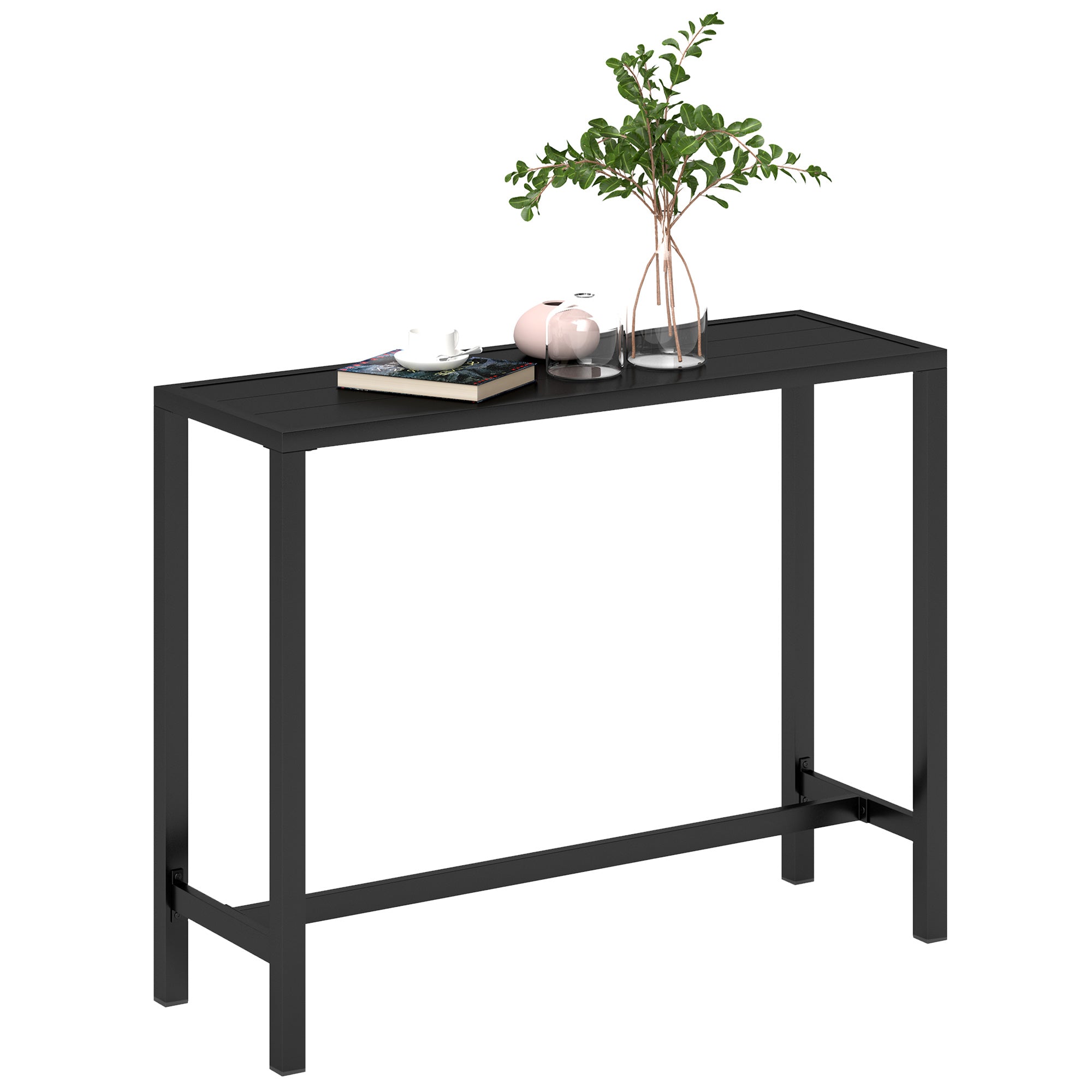 Outsunny Outdoor Bar Table, 48" L Narrow Bar Height Patio Table, Counter Height Table Bistro Table Hot Tub Table with Slatted Top, Metal Frame for Garden Backyard Poolside, Black