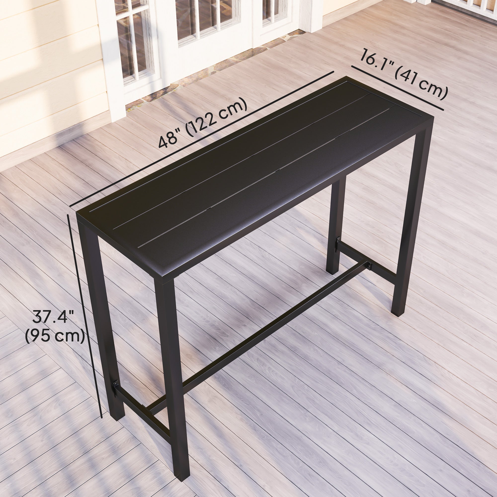 Outsunny Outdoor Bar Table, 48" L Narrow Bar Height Patio Table, Counter Height Table Bistro Table Hot Tub Table with Slatted Top, Metal Frame for Garden Backyard Poolside, Black
