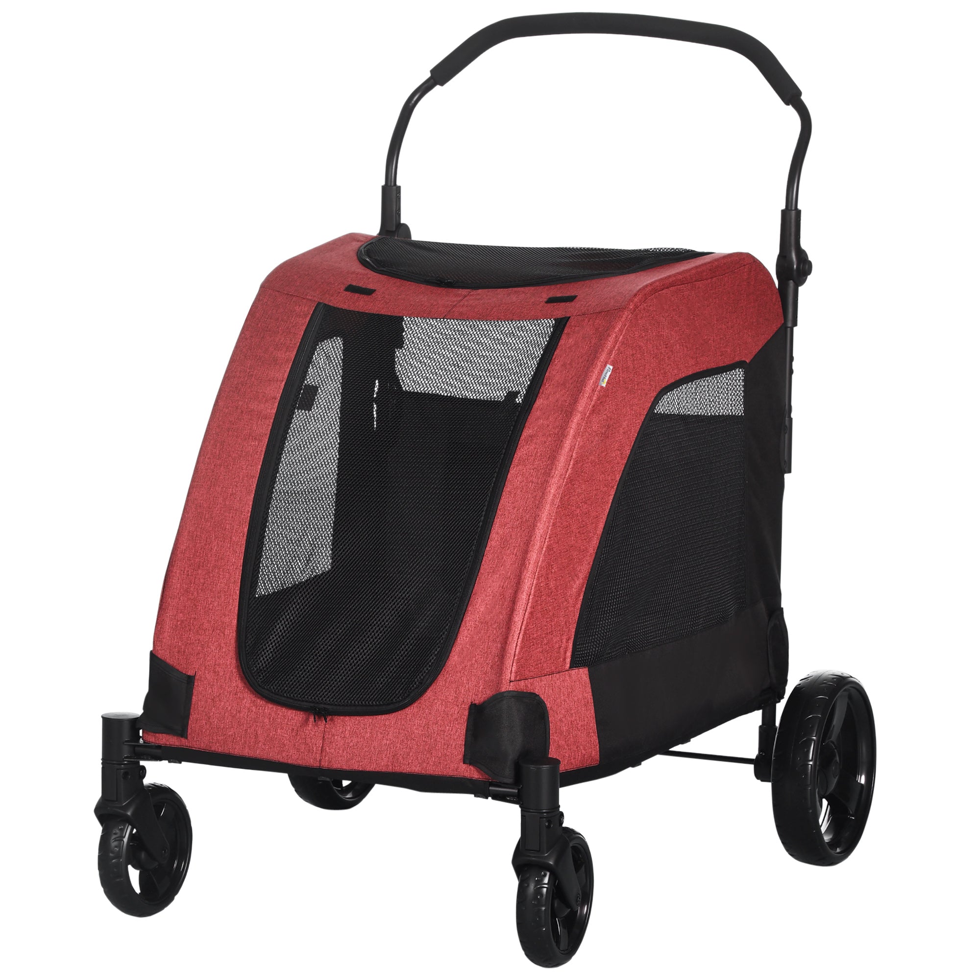 PawHut 4 Wheel Pet Stroller with Storage Basket, Afjustable Handle, Ventilated Oxford Fabric for Medium Size Dogs Cat Red