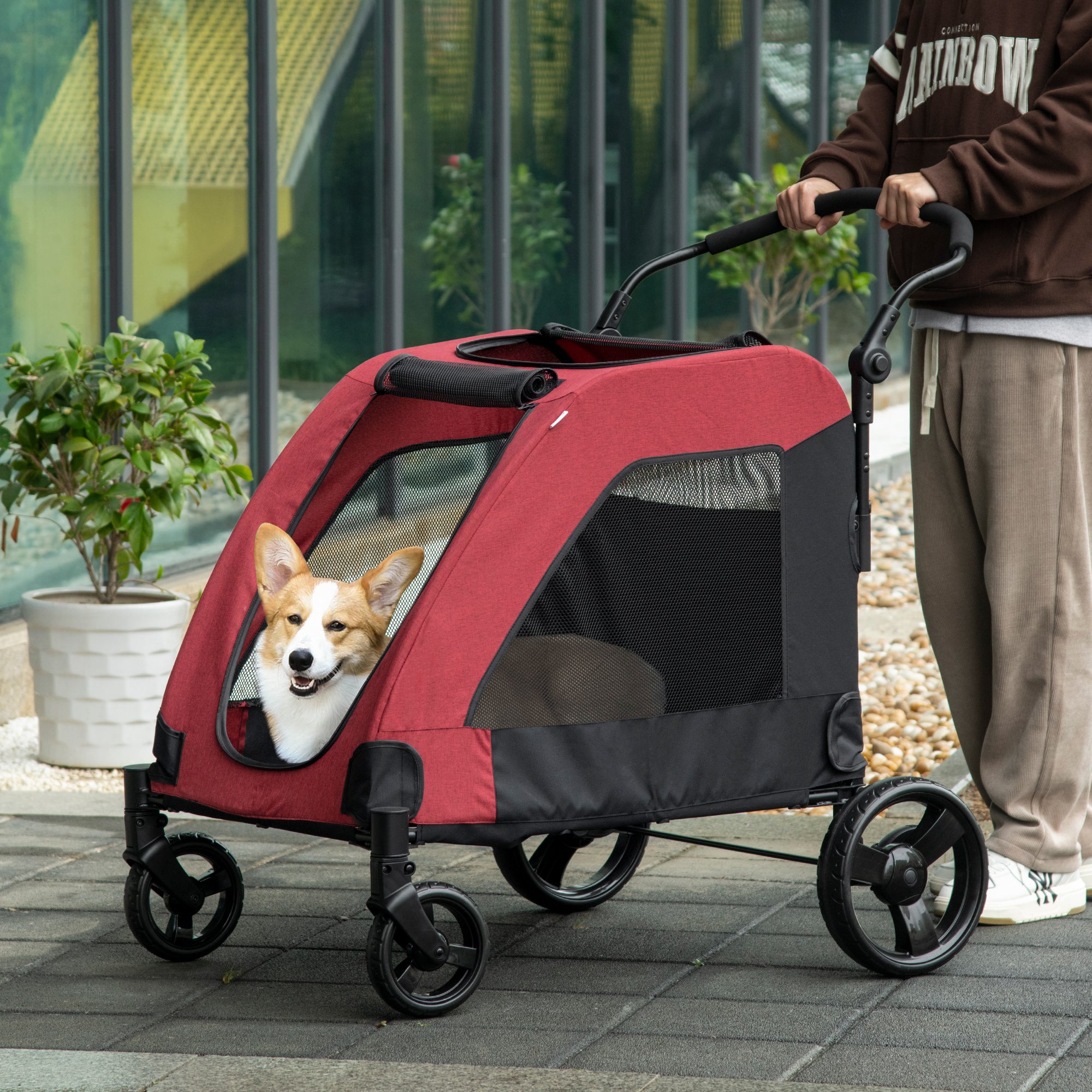 PawHut 4 Wheel Pet Stroller with Storage Basket, Afjustable Handle, Ventilated Oxford Fabric for Medium Size Dogs Cat Red